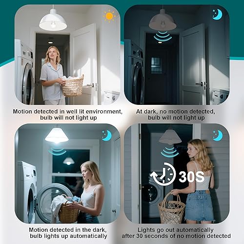 Miniatura 3 de Paquete de 4 bombillas con sensor de movimiento, 12 W (equivalente a 100 W), bombilla LED de seguridad E26 A19 para exterioresinteriores, bombilla