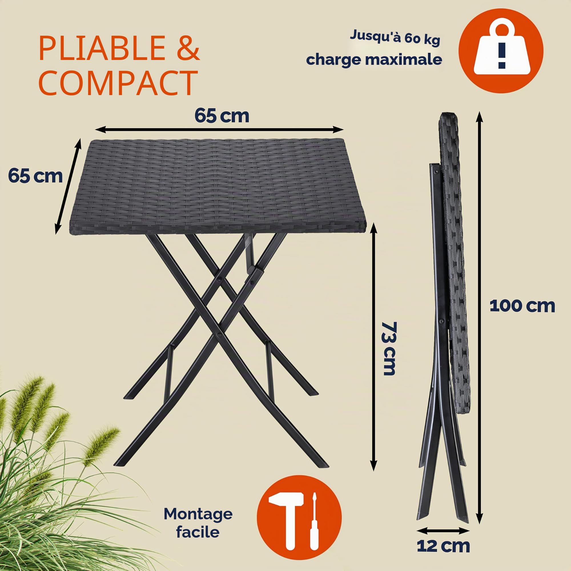 Casaria Table Pliante polyrotin 65x65x75cm Jardin Balcon terrasse Extérieur Table de Camping