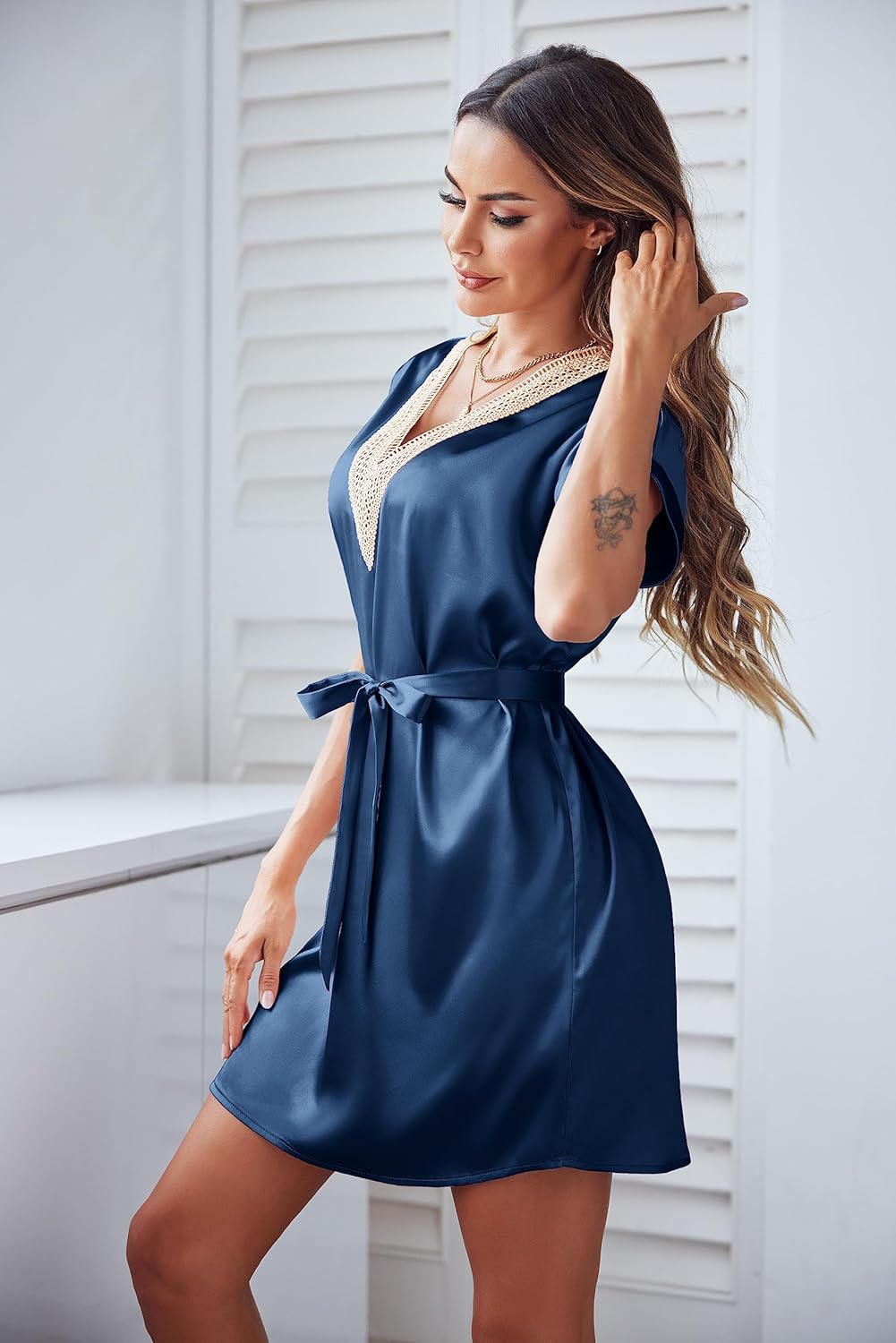 Ekouaer Satin Nightgowns for Women Short Sleeve Nightshirt Silk Sleepwear Lace V Neck Pajama Dress S-XXL - Image 3