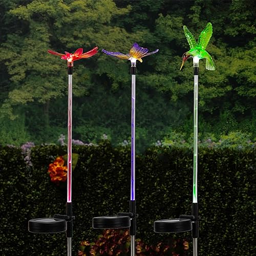 Alpine Corporation Juego de 3 estacas de jardín con luz solar de fibra óptica LED de mariposa, colibrí y libélula de 33 pulgadas de alto