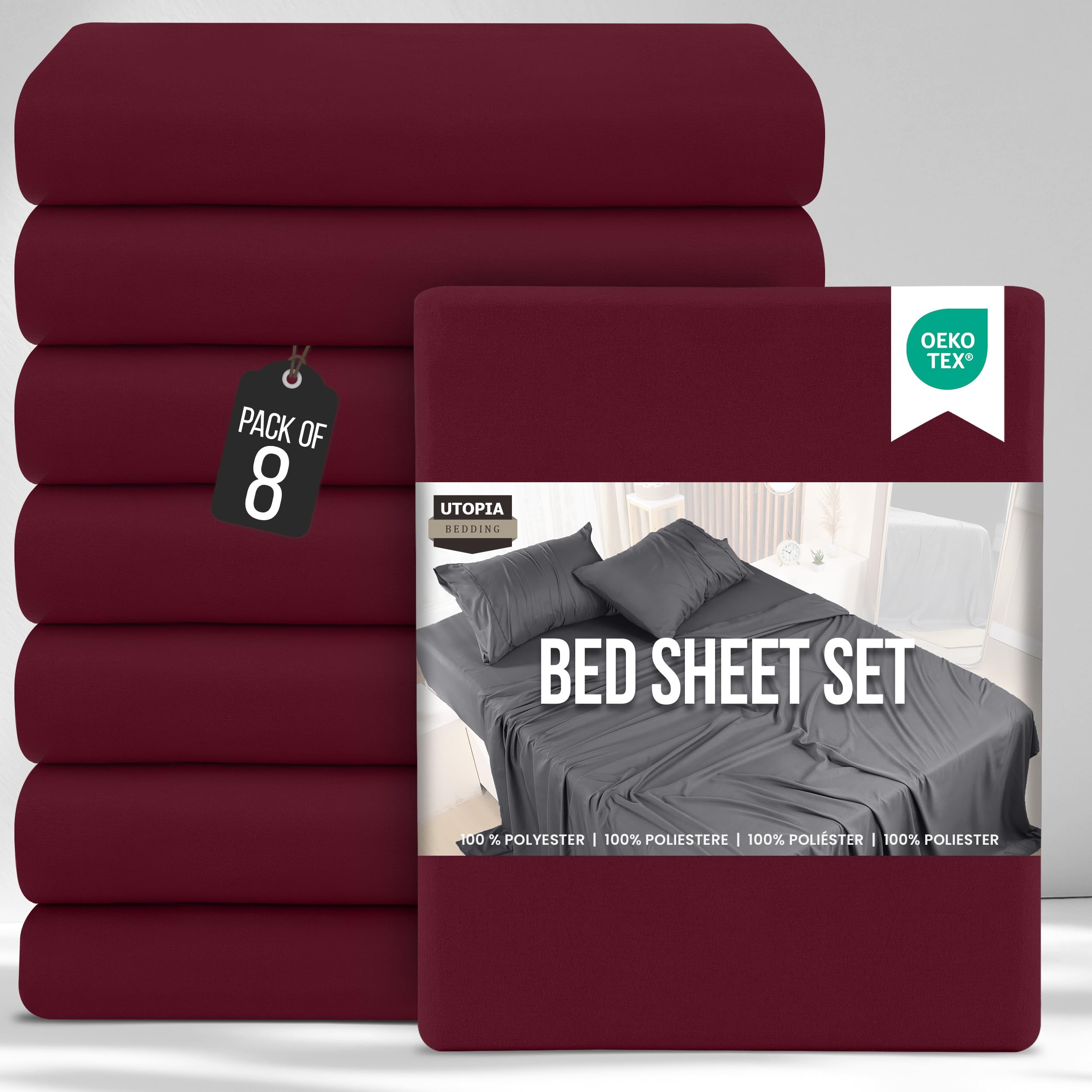 Utopia Bedding Bed Sheets Set Bulk Pack of 8 (Double, Burgundy) – Fitted Sheet, Flat Sheet with Pillow cases 50x75 – Wrinkle, Shrinkage & Fade Resistant – Soft Brushed Polyester Microfiber Fabric — image 1