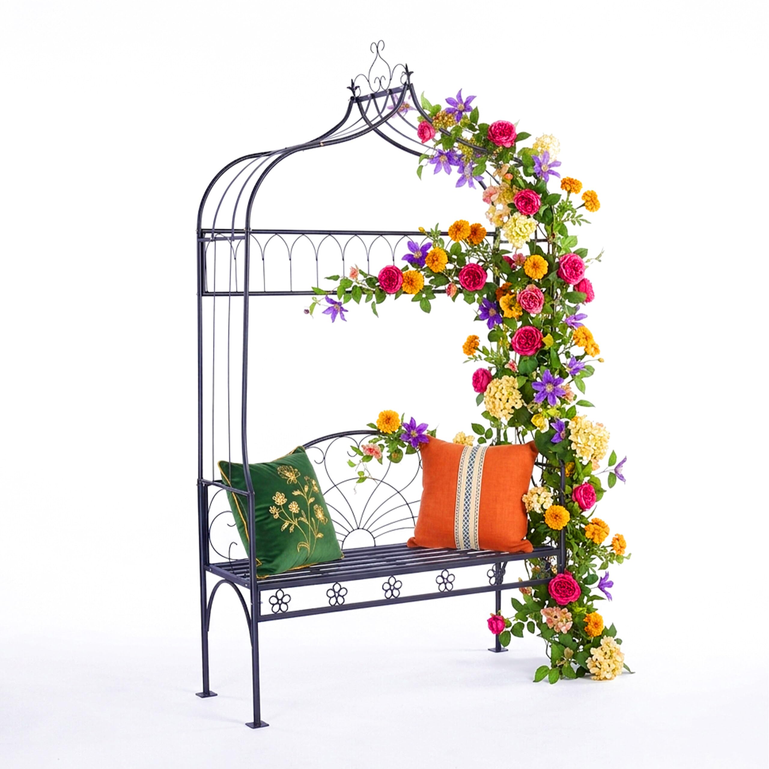 Relaxdays Arche à Roses avec Banc, métal, pour Jardin, H x L x P : 220 x 122 x 43 cm, Arche Stable pour grimpantes, Noir