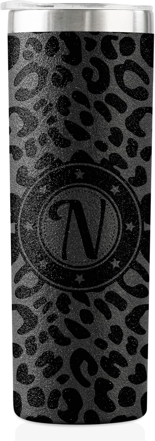 Onebttl Personalized Leopard Cup with Initial – Unique Cool Gifts for Women Who Have Everything on Birthday, Christmas – 20 oz Double-Wall Vacuum Tumbler with Lid and Straw – Black Glitter – Letter N