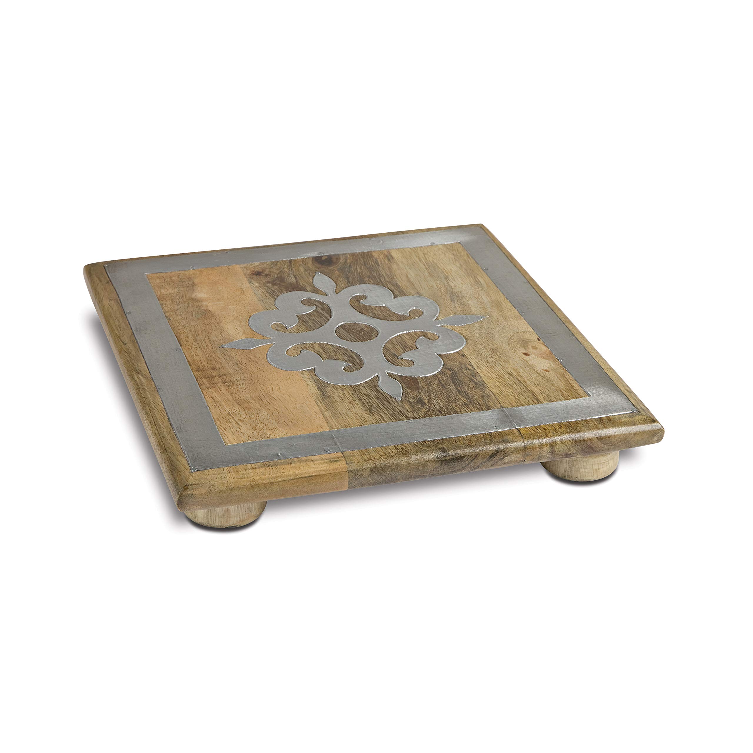 10-Inch Square Metal Inlaid-Detail Footed Wood Trivet