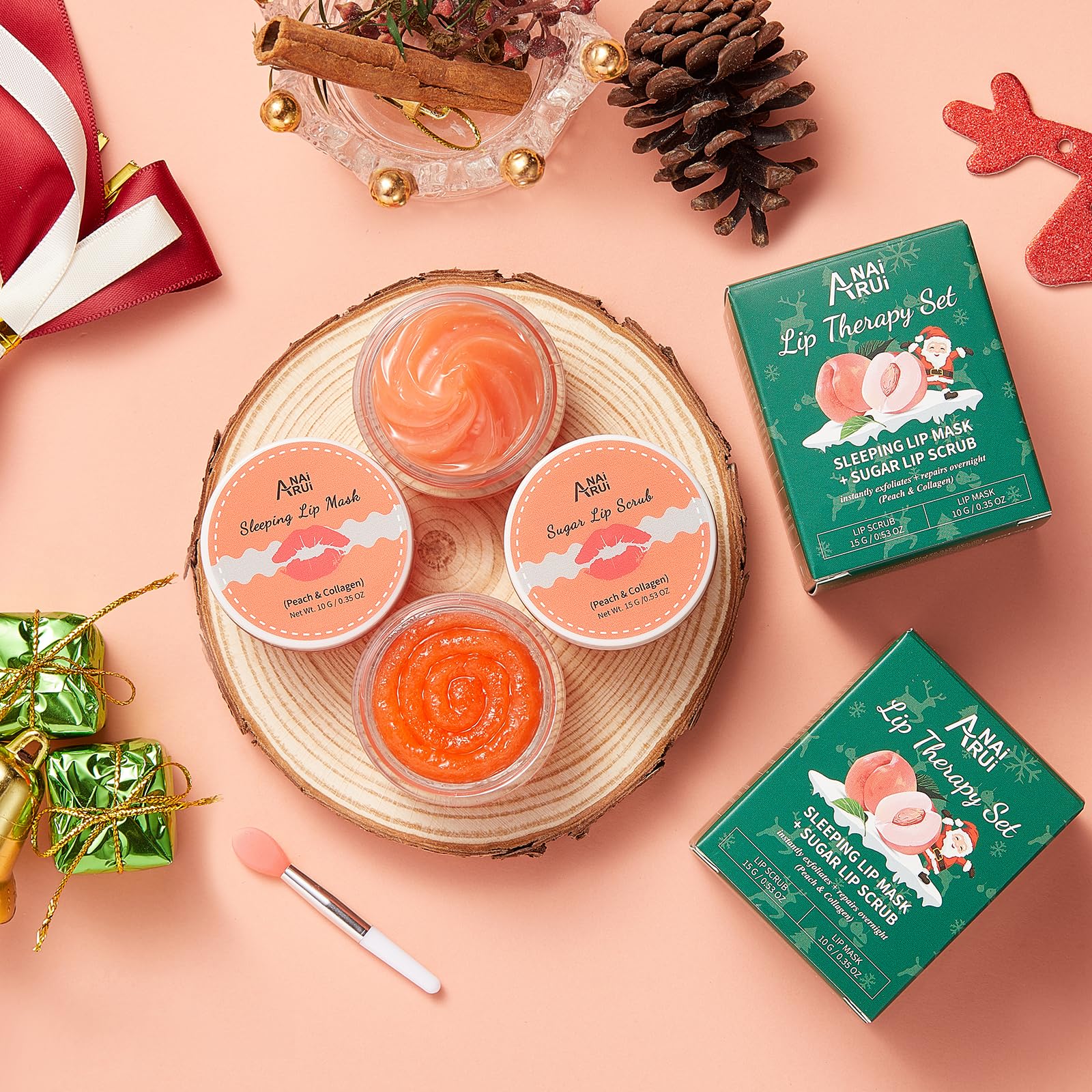 ANAiRUi Maska do ust i zestaw do peelingu ust, zestaw upominkowy, brzoskwinia bożonarodzeniowa + pielęgnacja kolagenu, maska do ust na noc i peeling do ust do spierzchniętych i łuszczących się ust