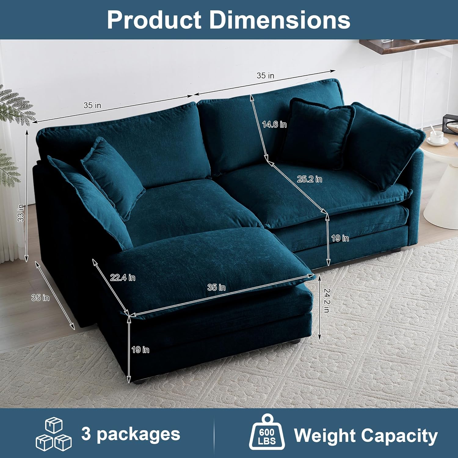 KIVENJAJA Chenille L-Shaped Modular Sectional Sofa, Modern Loveseat Comfy Deep Seat Cloud Couch with Ottoman/Chaise & 4 Pillows for Living Room Office Apartment, 76.7" W, Blue