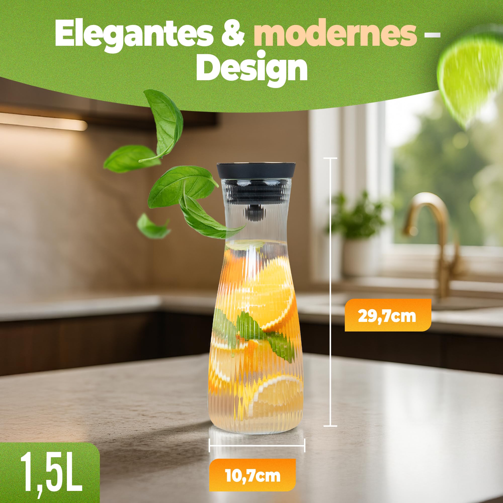 CLIDOR Wasserkaraffe mit Deckel - 1,5 L, edles Klarglas Design, Tropffreie Glaskaraffe mit Deckel, Eleganter Wasserkrug mit feiner Filterung, Ideal für Fruchtwasser, Säfte, Infused Water (1500ml)
