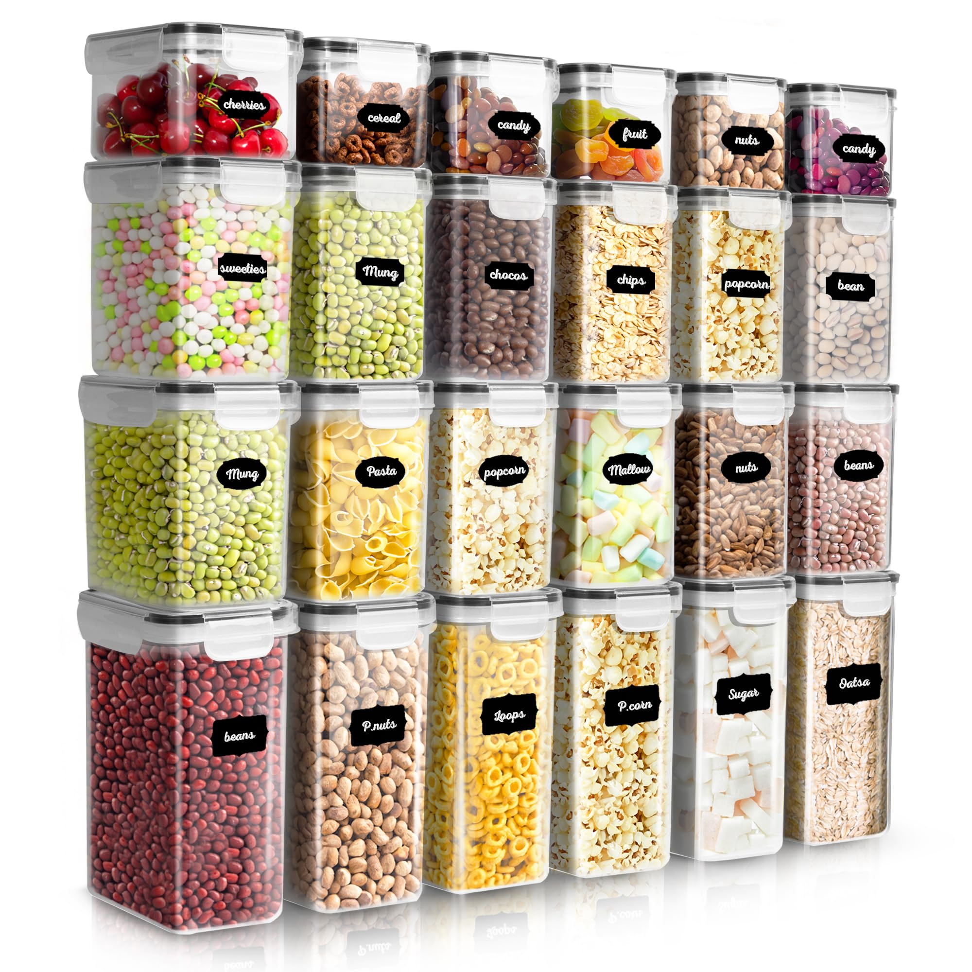 Heftman Transparent/Green Airtight Food Storage Container - Set Of 24 Plastic Kitchen Storage Containers - Clear, Bpa-Free Cereal, Flour, Pasta Storage Containers With Labels & Pen Pantry Organizers And Storage
