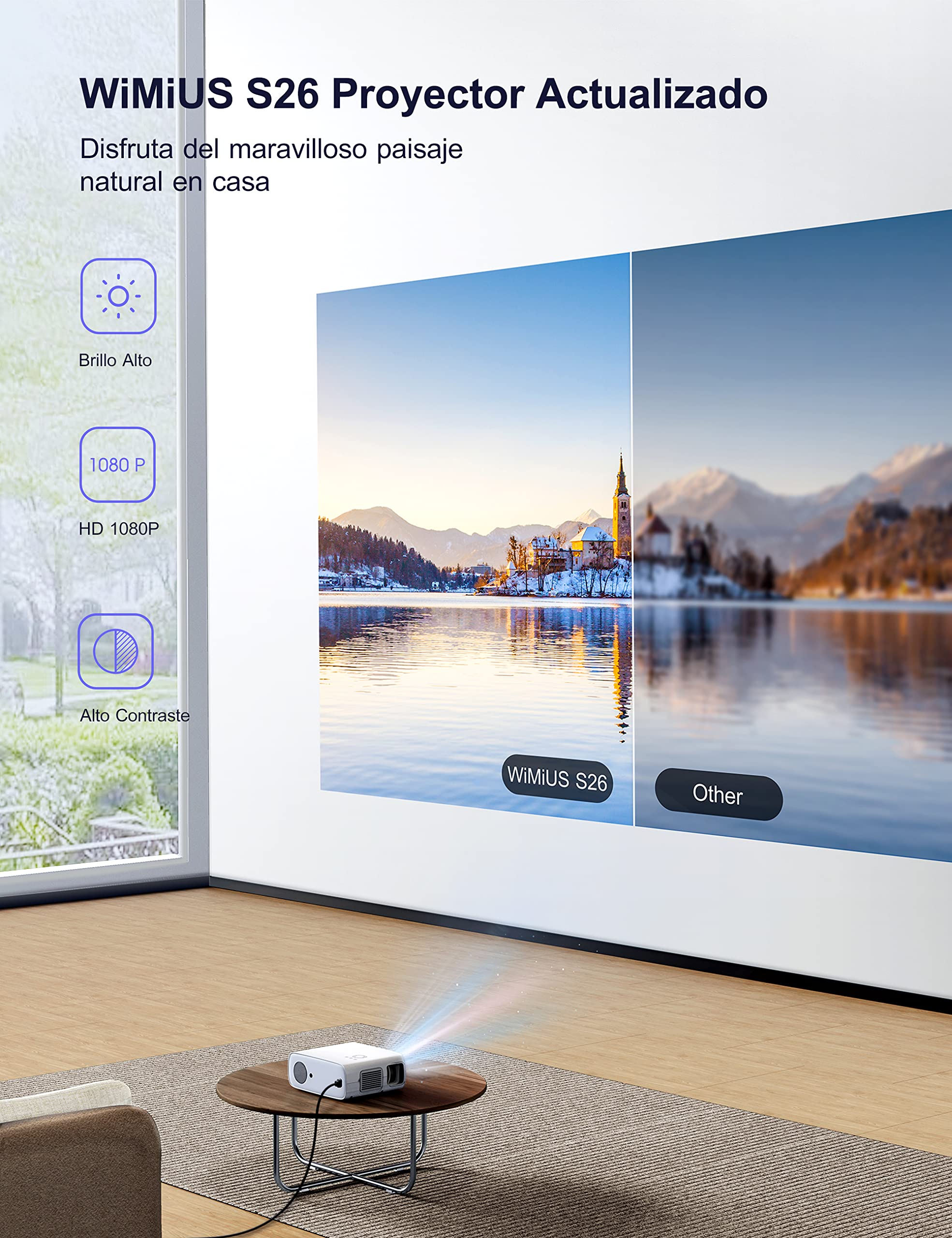 Mini-projector: 20.000 lumen, draagbare WLAN-projector, Bluetooth, Full-HD, 1080P, 4K, houder, WiMiUS projector met 270° draaibare hoek, thuisbioscoopprojectoren voor HDMI/USB/tv-stick