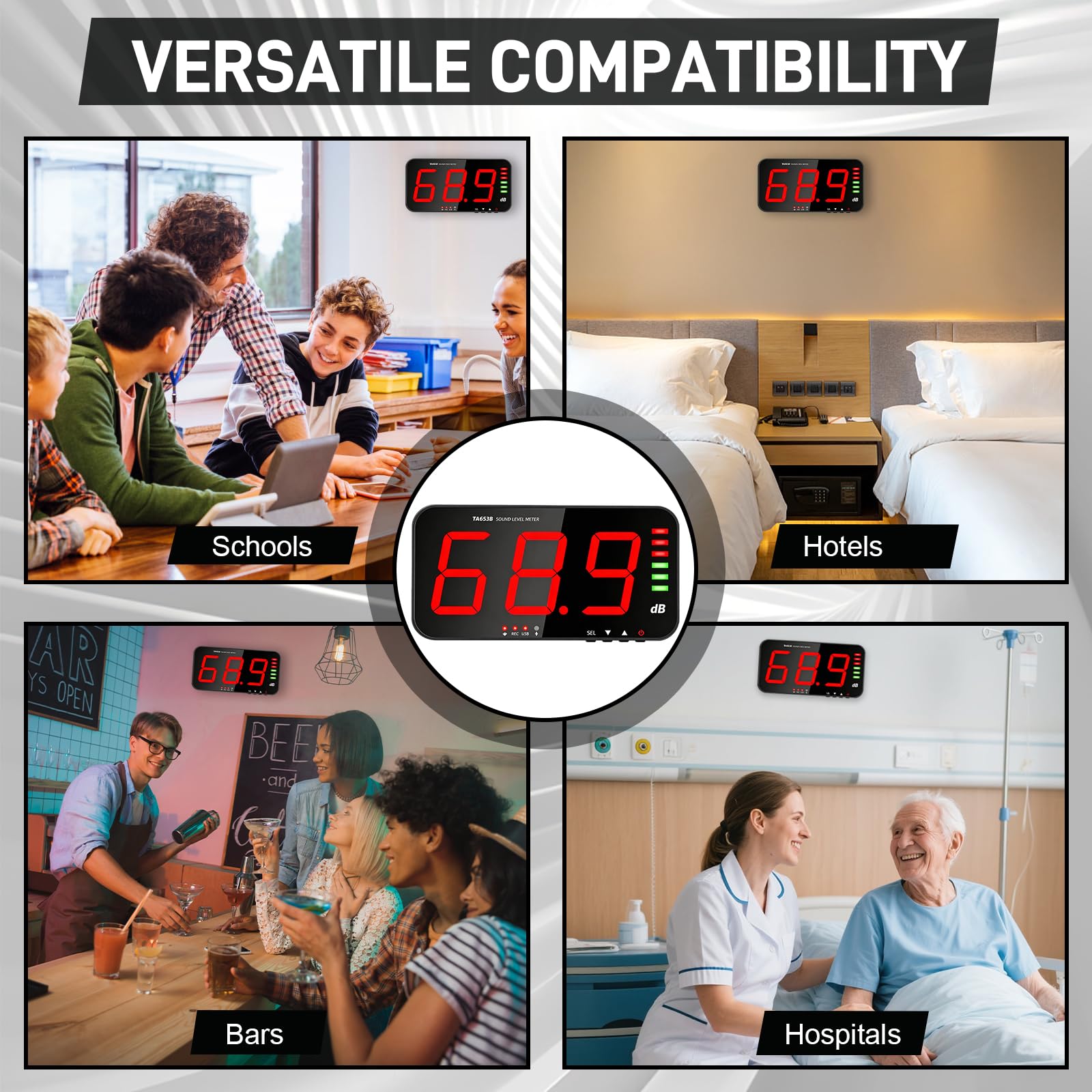 Sonomètre Décibelmètre, Sonomètre Numérique 30~130dB Mesure de Bruit Décibelmètre Écran Large HD de 13" Monté au Mur avec Fonction d'Enregistrement de Données et Alarme de Bruit