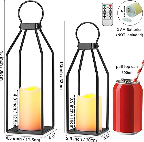 Miniatura 3 de Perfnique Moderno farol decorativo de granja, juego de 2 faroles de metal negro de 15 pulgadas y 13 pulgadas, 2 velas LED de temporizador de 6 horas