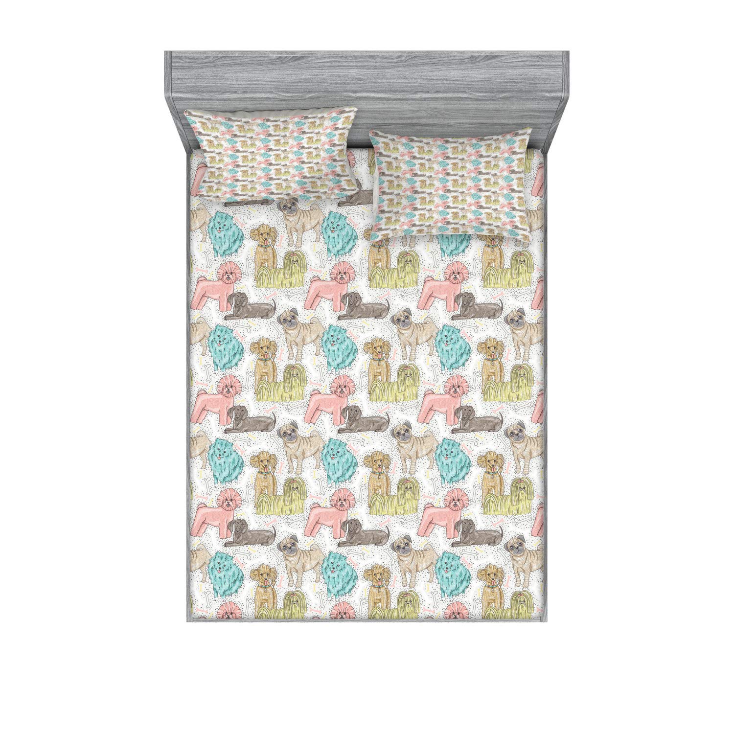 Ambesonne Dogs Fitted Sheet & Pillow Sham Set, Pattern with Little Purebred Puppy Dogs Bichon Pug Spitz Dachshund Poodle Shih Tzu, Decorative Printed 3 Piece Bedding Decor Set, King, Cream Blush