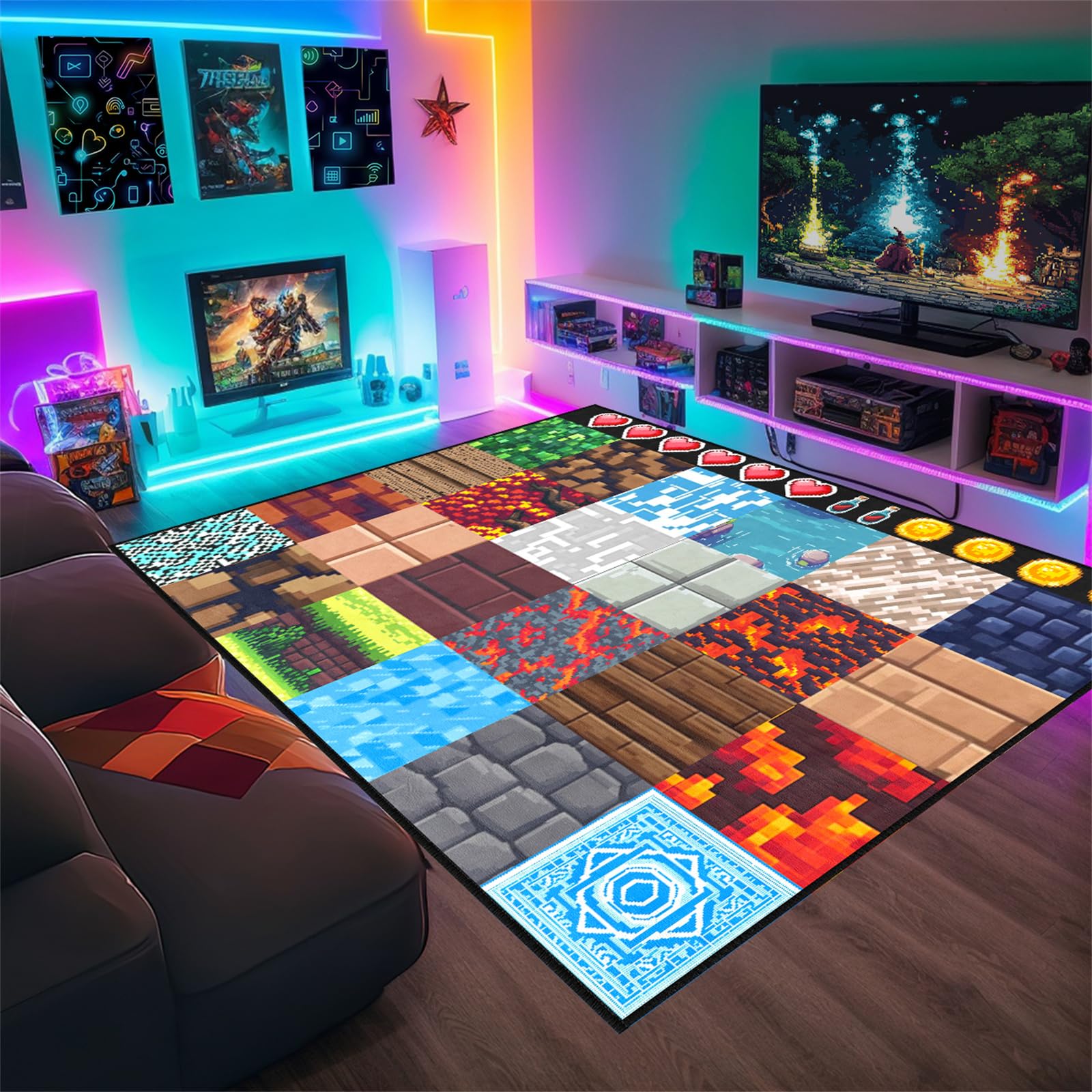 Cool Game Rug for Teen Boys Room Funny Gamer Rug for Boys Bedroom, Gaming Carpet Kids Play Mat for Living Room Playroom Game Decoration Floor Mats, 5'