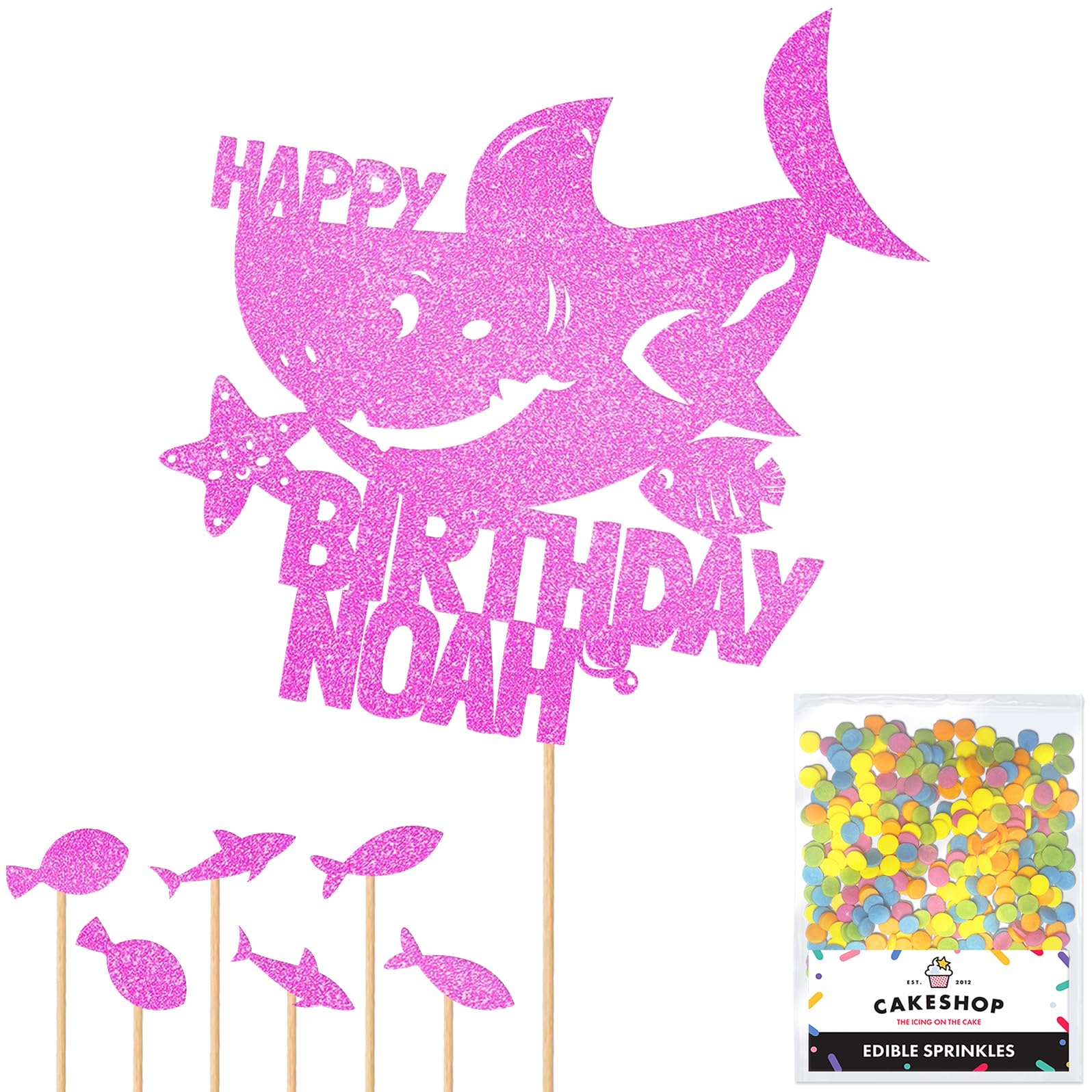 Personalised Birthday Shark Glitter Cake Topper- Light Pink Any Custom Name Glitter Cake Decoration and Sprinkles - Happy Birthday Decorations - Personalised Toppers for Cakes by Cakeshop