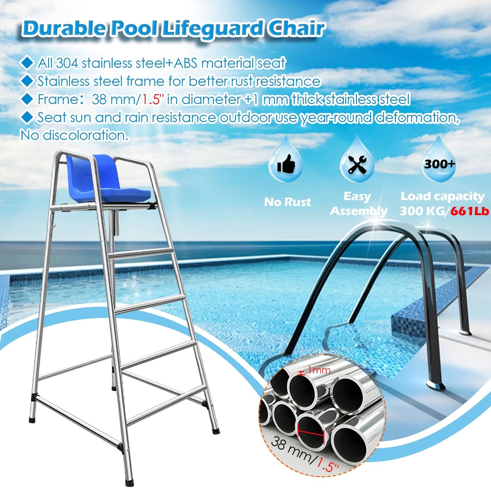 Sedia da Bagnino con scaletta, Torre di osservazione per la Sicurezza in Piscina, Foro per l'ombreggiatura e gradini Antiscivolo.