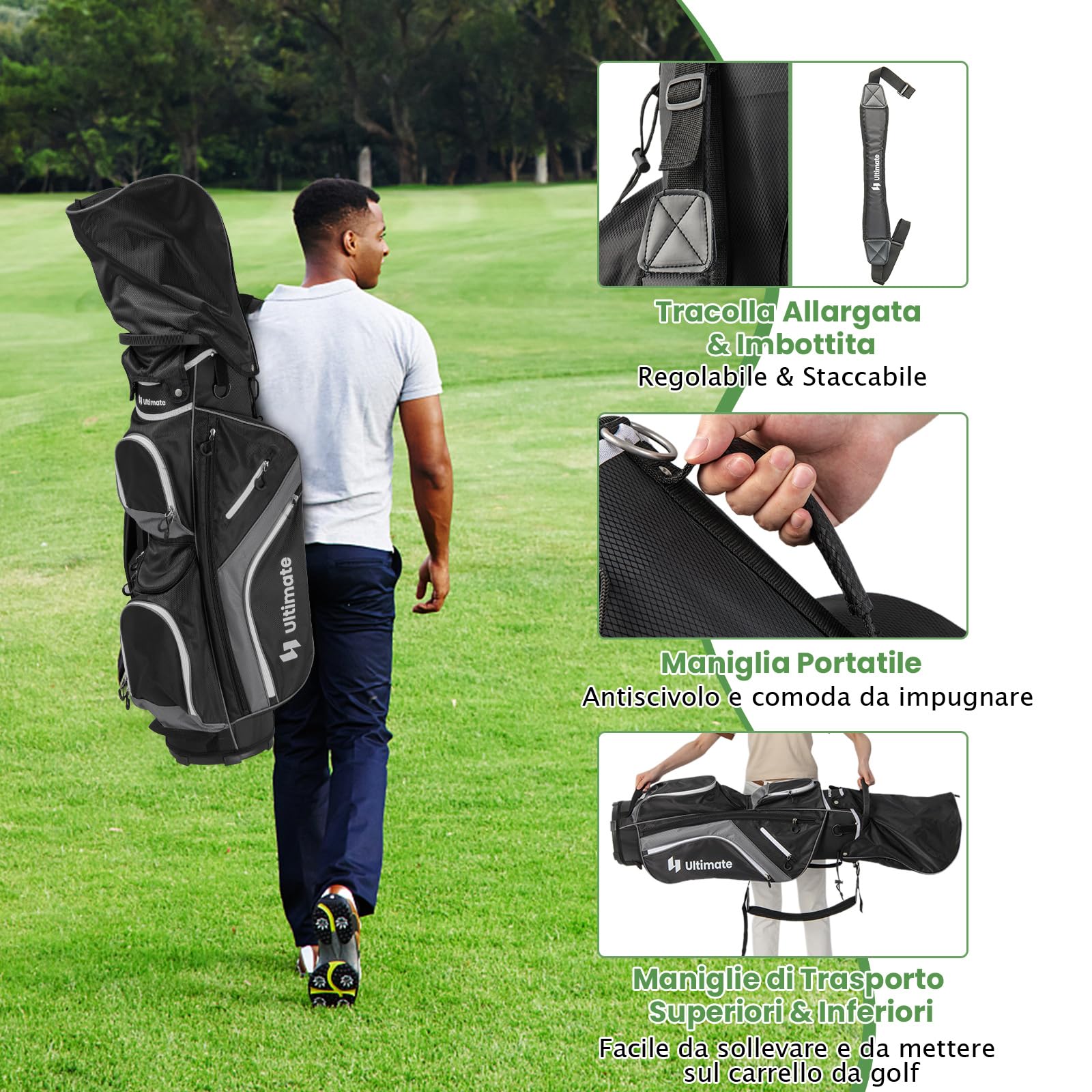 GYMAX Sacca da Golf per Carrello, con Divisori a 14 Scomparti, Borsa Termica, 2 Tasche Impermeabili, Cappuccio Antipioggia Rimovibile, Tracolla Imbottita e Maniglie di Trasporto