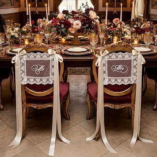 Wedding Signs Mr Mrs Stuhldeko Hochzeit Set 1 Paar Mit Satin Bändern Tüll Weiß Stuhlhussen Spitze Stuhldekoration Braut Bräutigam Chair Banner Foto Requisite