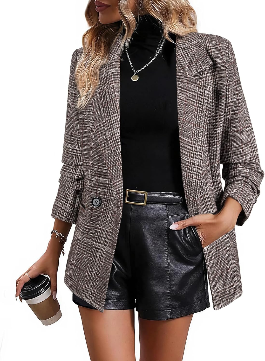 Happy Sailed Women’s Plaid Blazer Classic Lapel Collar Double Breasted Open Front Blazers Jackets Work Suit with Pockets