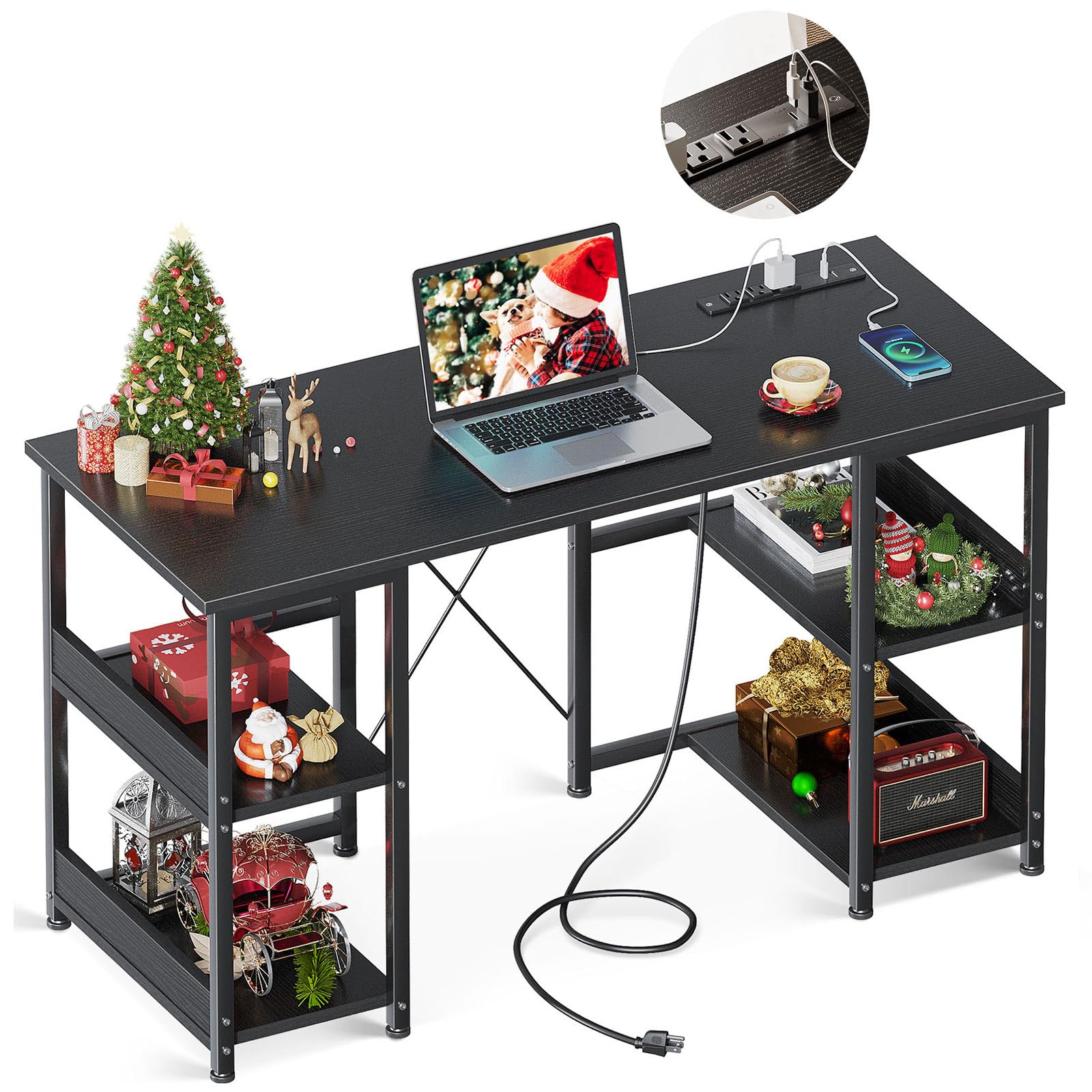 40 Inch Small Computer Desk with Power Outlets & USB Charging Port, Modern Simple Style Desk for Small Spaces Home Office, Study Student Writing Desk, Black