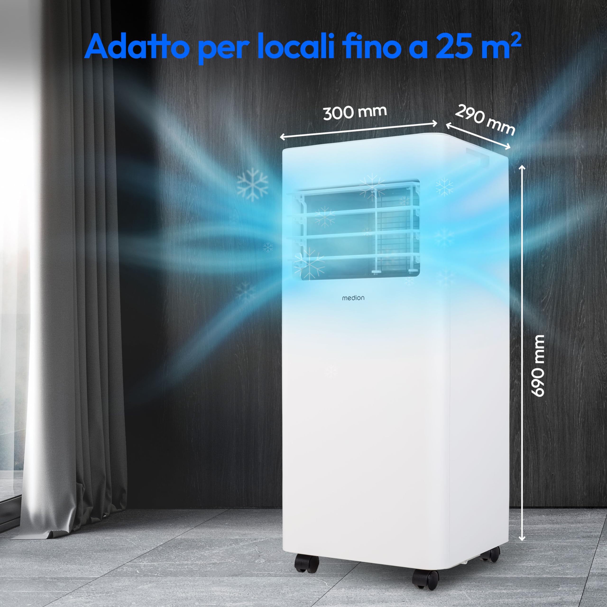 MEDION Condizionatore Portatile E701 (7000 BTU 3-in-1, raffreddamento, ventilazione, deumidificazione, modalità notturna, schermo a LED, con telecomando e kit installazione, MD 37730)