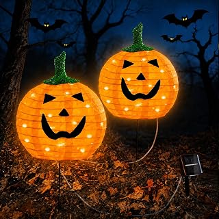 Solar Halloween Pumpkin Lights, 2 Pack Outdoor Pathway Stake Lights | 12 in Pumpkin Heads, Warm White LEDs, 2 Lighting Modes, Auto On at Dusk, Metal Ground Stakes, Weather-Resistant