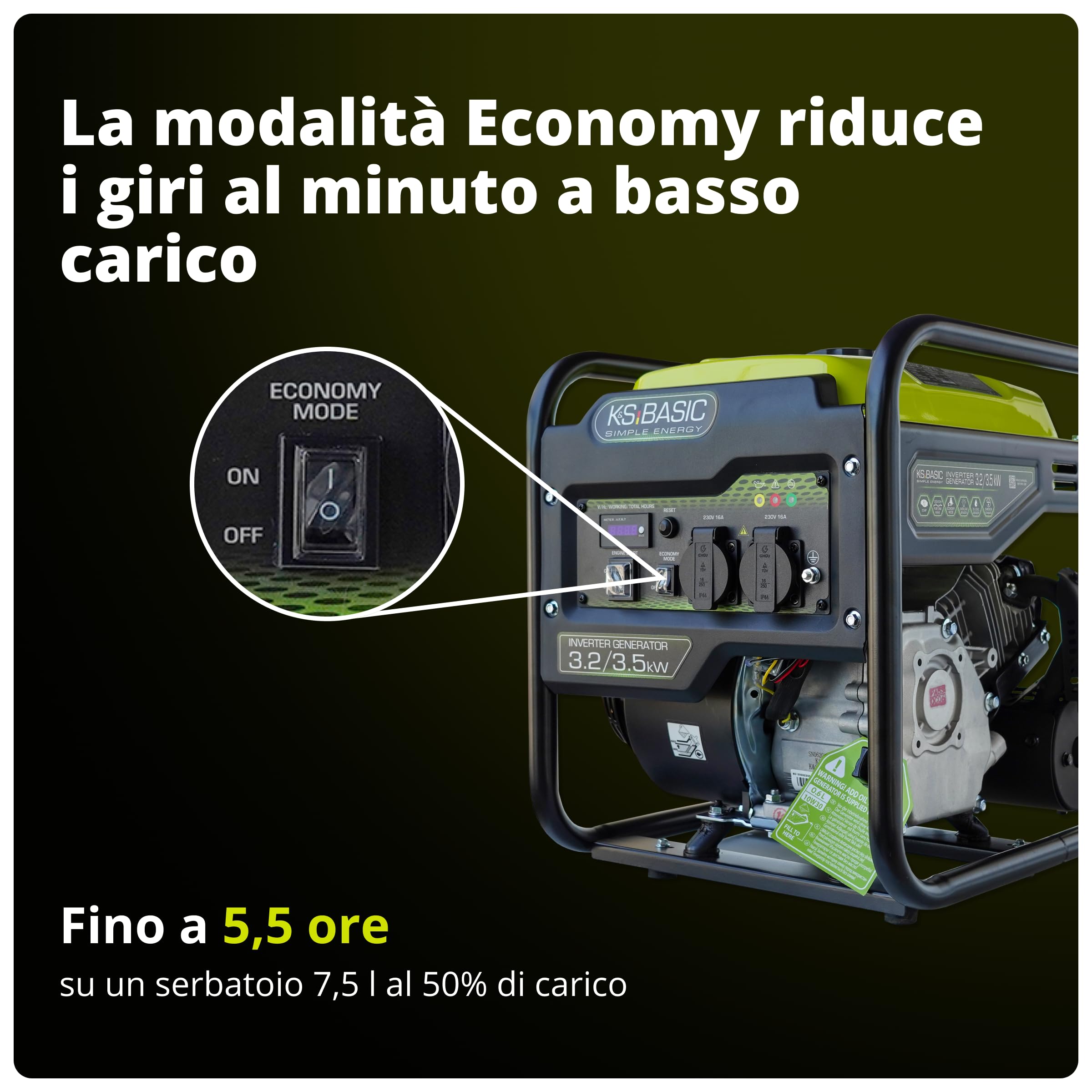 K&S Basic KSB 35i - Generatore di corrente a benzina a 4 tempi, con regolatore di tensione automatico, protezione contro la mancanza di olio, norma EURO V, 3500 W, 2 x 16 A (230 V) per uso domestico