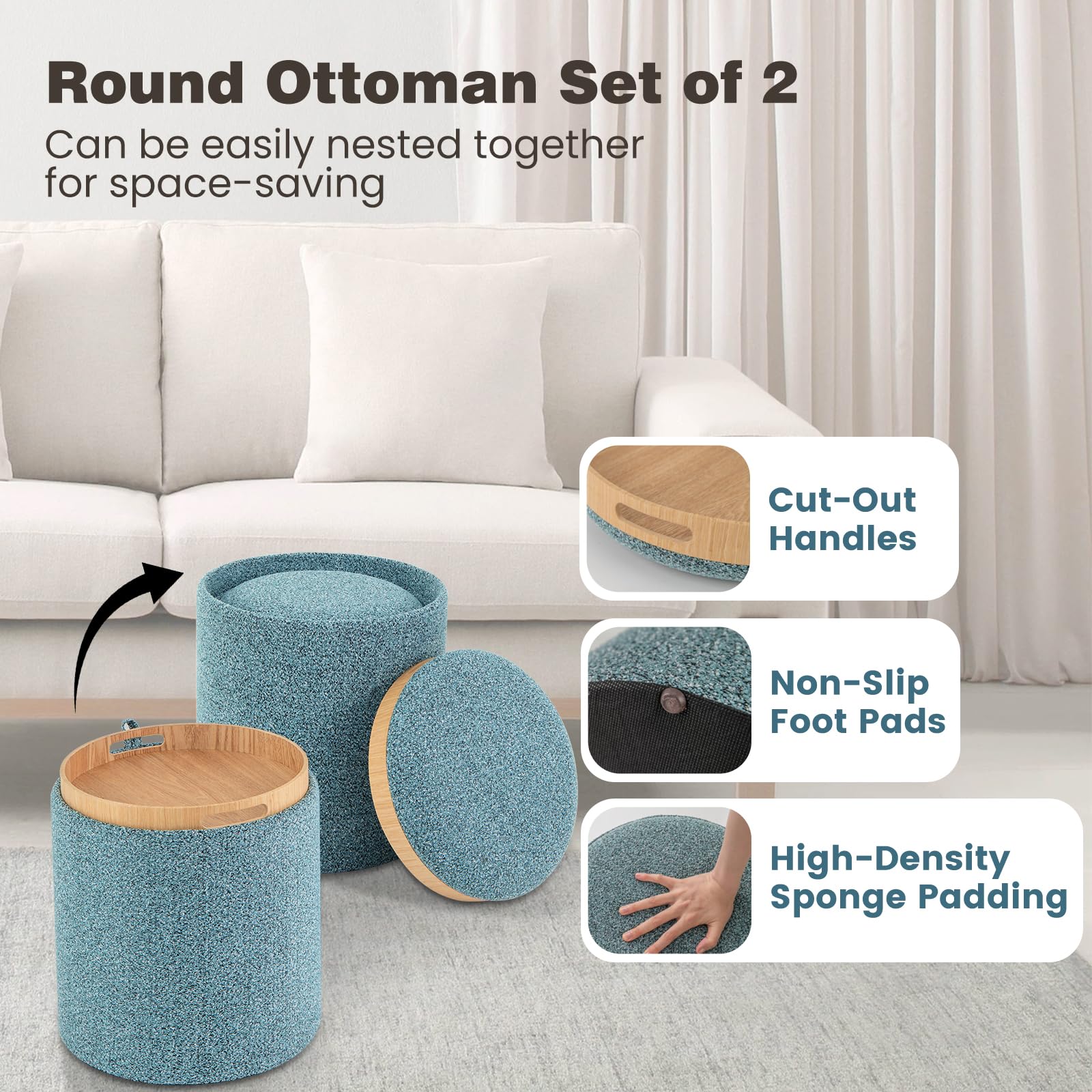 HOMASIS Set di 2 Pouf Contenitore Rotondo, Puff Poggiapiedi con Coperchio Reversibile e Maniglie Laterali, Sgabello Contenitore per Soggiorno, Camera da Letto, Azzurro