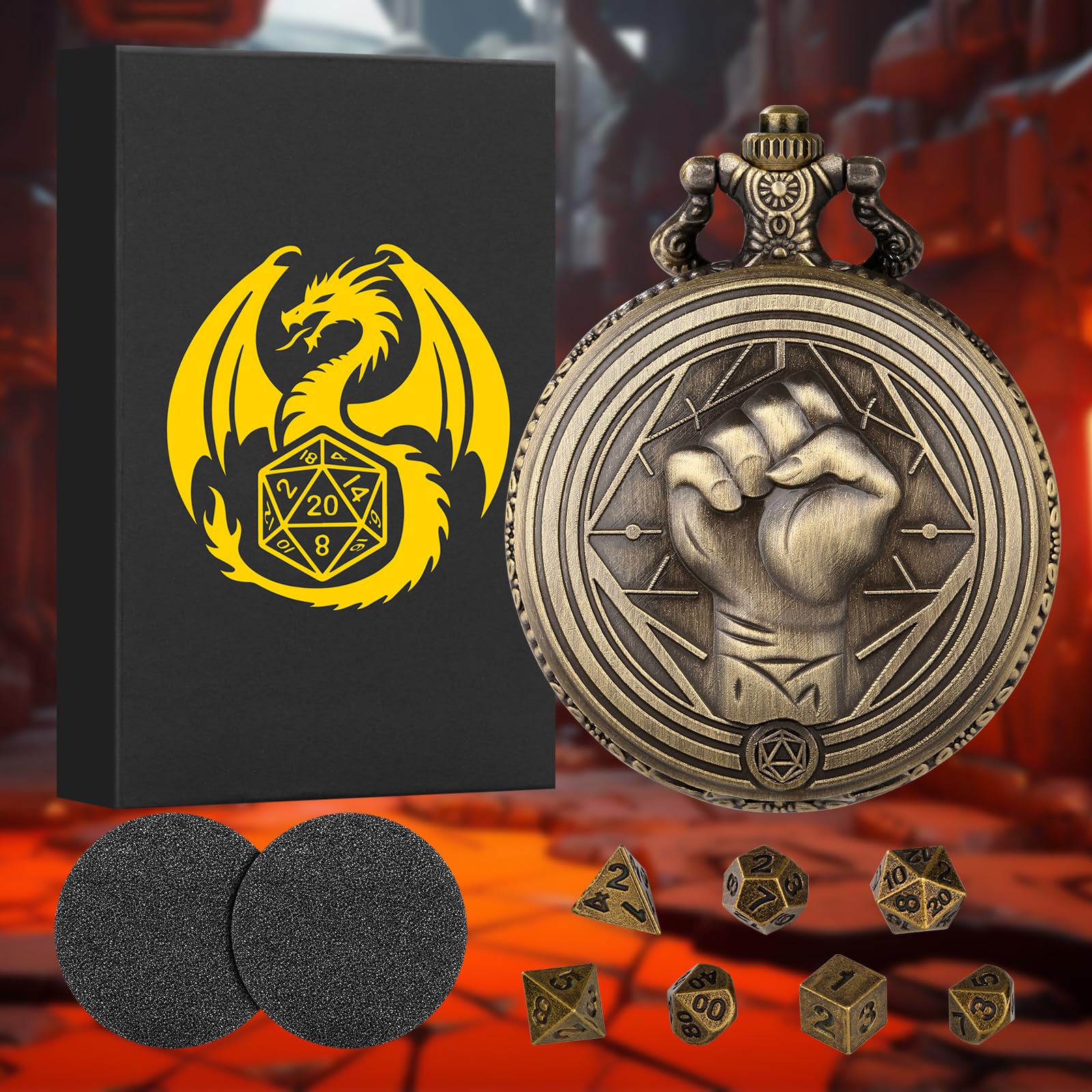 Mini DND Dice Set with Steampunk Monk (Fist) Pocket Watch Case, Tiny 7PCS Polyhedral Metal D&D Dice, DND Gifts with Gift Box, Role Playing Game Board Game Accessories Dice, Bronze