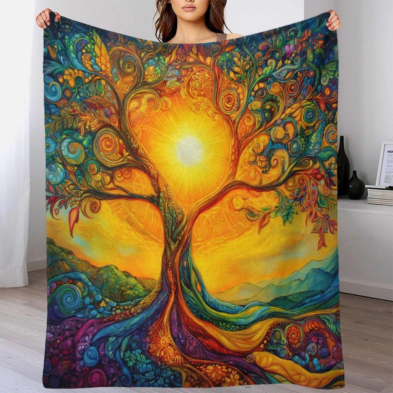 stampa 3D vibrante tree arte coperta da viaggio microfibra biancheria da letto compatta coperta da viaggio morbida per regali per chi viaggia per lavoro psychedelic fantasy 70×80inch(180x200cm)