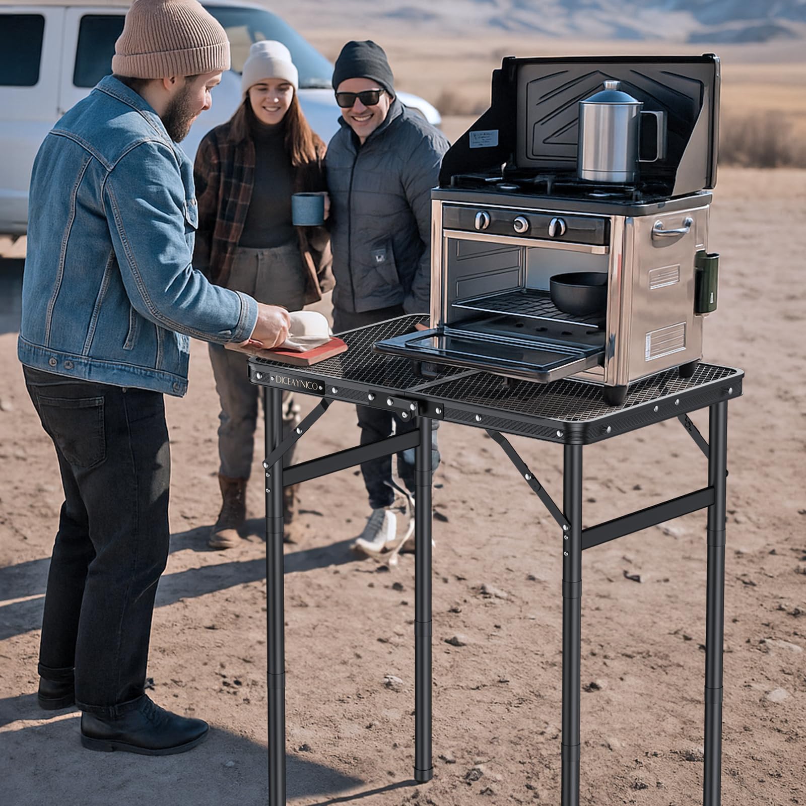 Klappbarer Grilltisch 56 x 38 x 70cm, 3-Fach Höhenverstellbar | Bis 70 cm Höhe, Aluminium mit Gitterplatte, Tragegriff, für Grillen, Camping, Garten, Terrasse, Picknick und Markt