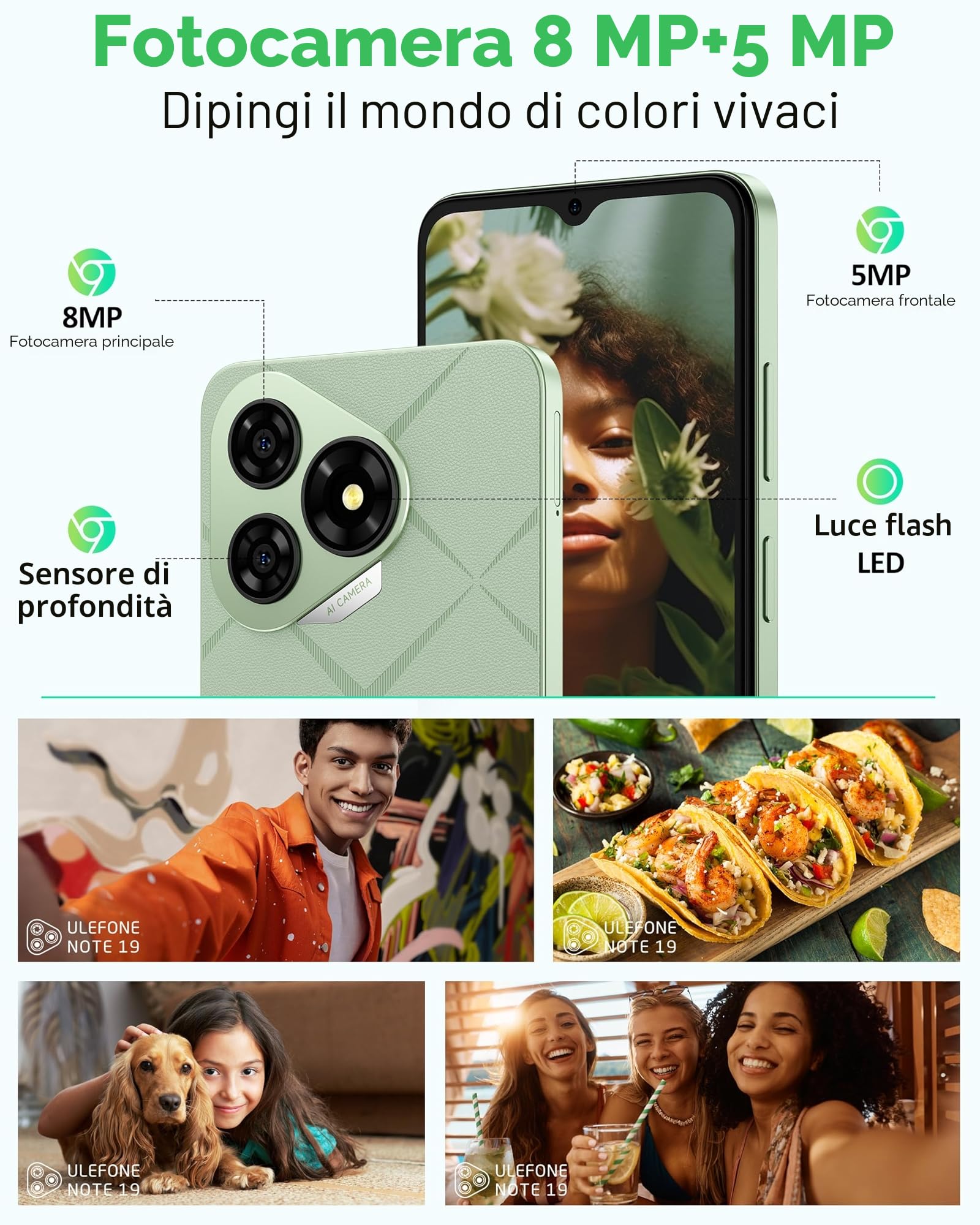 Ulefone Note 19 Cellulare, 6GB RAM+64GB ROM/SD-512GB Android 14 Cellulari, 6.56" HD+, Fotocamera 8MP+5MP Smartphone 5000mAh Batteria, Octa Core 3 Slot Per Carte 4G Dual SIM/Face ID/GPS/OTG/FM Nero
