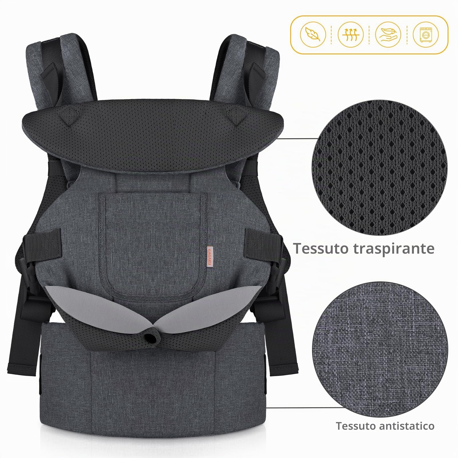GAGAKU Marsupio per neonati e bambini piccoli 4-36 mesi, facile da indossare fronte-strada, fronte-genitore e sulla schiena per bambini - nero e grigio scuro
