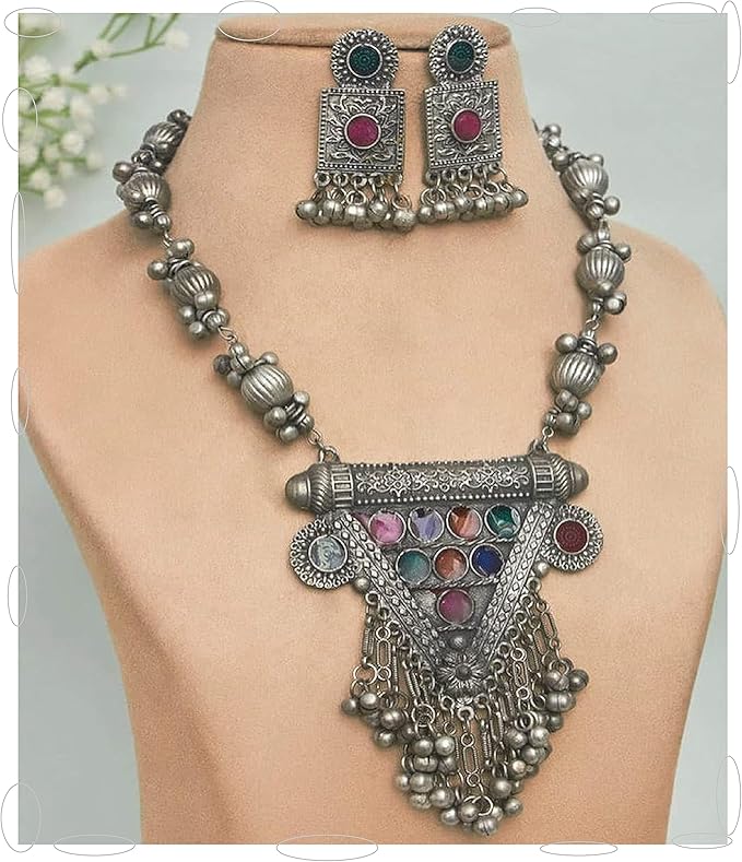 Womens Navratri Ethnic Stylish Boho Silver Oxidised Afghani Ghungroo Choker Necklace Jewellery Set With Earrings