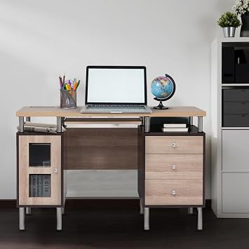 Naomi Home Desk with Drawers and Shelves Two - Tone Study Desk for Bedroom with USB Ports Power Outlets Wire Management Keyboard Tray Home Office Table Drawers Espresso Natural