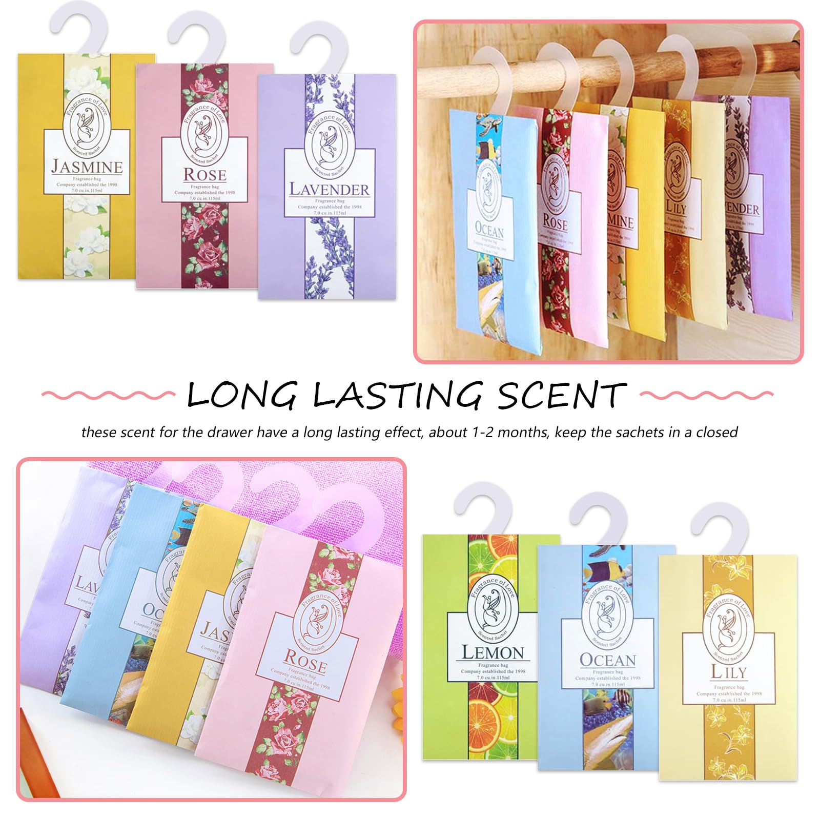 Sachet Parfumé Armoire, Parfum de Garde Robe avec Crochet, Air Fresheners for Drawer, Répulsif Mites, pour Tiroirs, Armoires, et Garde Robes, 12 sachets, 6 parfums