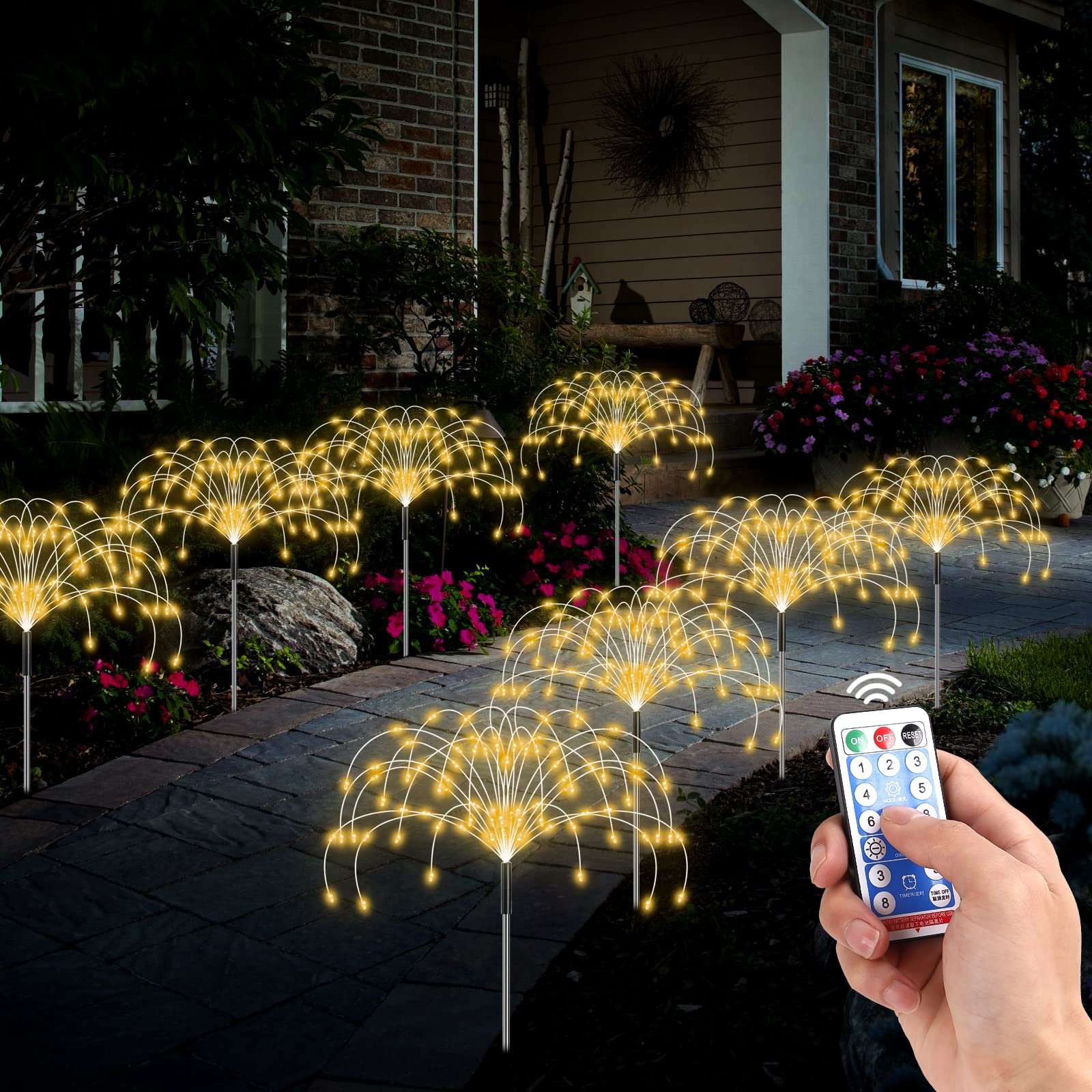 Aourow Zewnętrzne oświetlenie solarne do ogrodu, 8 sztuk świateł Starburst z 8 trybami i 4 poziomami jasności, wodoodporna lampa LED IP65, do dekoracji, tarasu, balkonu, ogrodu (ciepła biel)