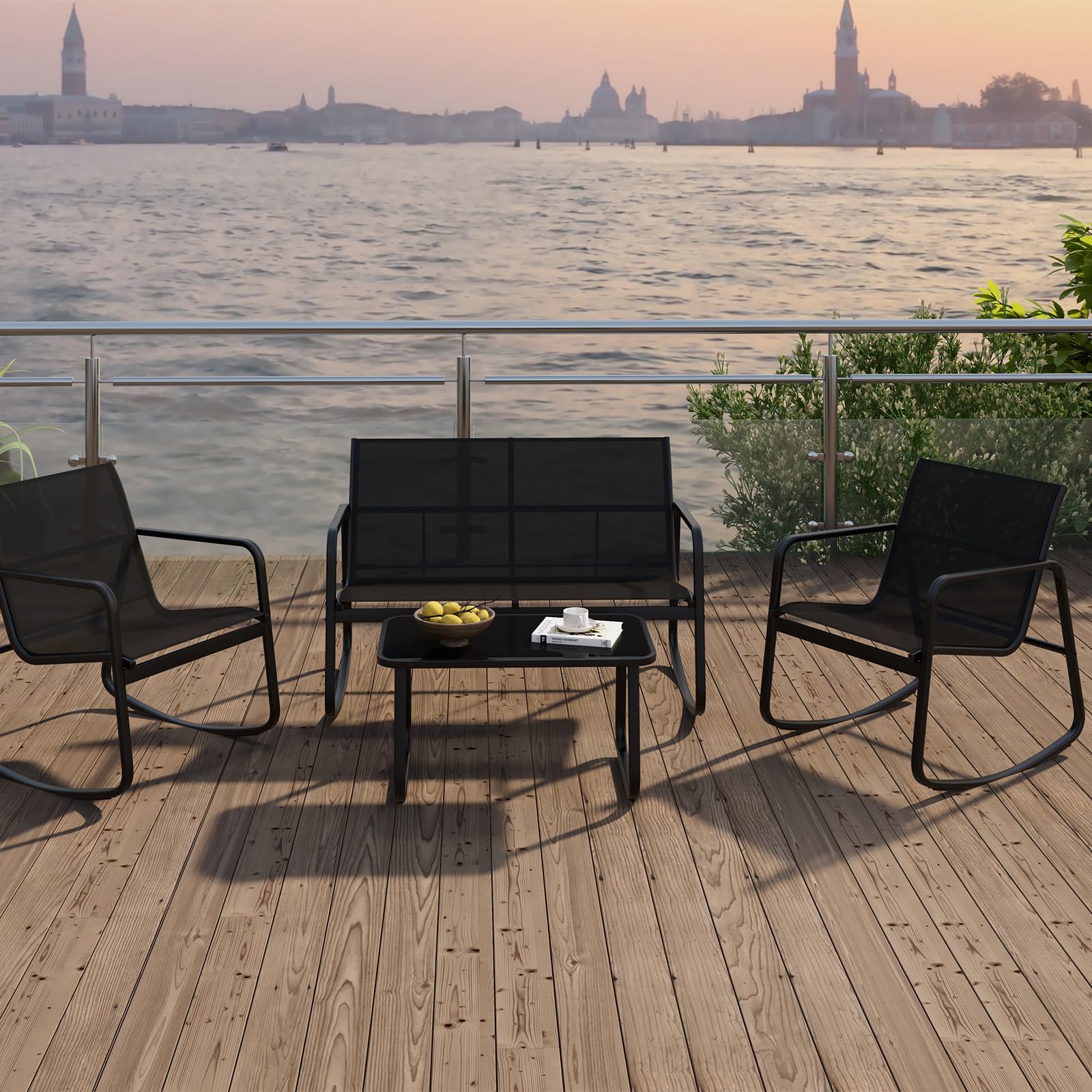 KOMFOTTEU Set da Bistrò in Tessuto Textilene, Set da Giardino in 4 Pezzi, Tavolo Portato 50 kg, 2 Sedie a Dondolo Portate 150 kg, e Divanetto Portato 300 kg, Set Tavolo e Sedie da Esterno (Nero)