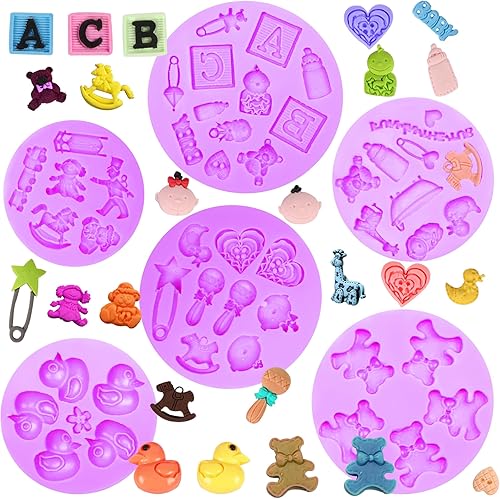 Moldes de silicona para baby shower, 6 paquetes de moldes de chocolate para cupcakes, decoraciones de pasteles, cubierta de fresa, azúcar de goma de