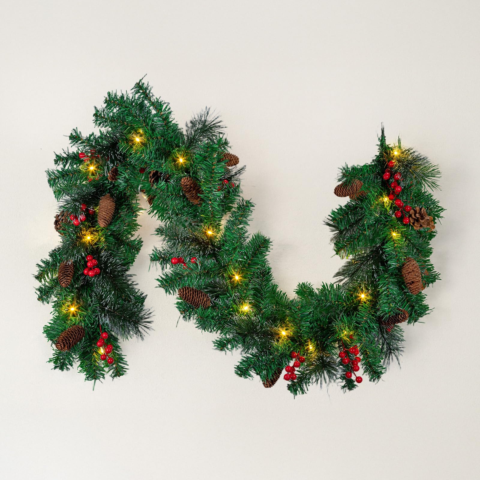 BLUE BAZAAR 5pc 6FT/1.8M Christmas Garland with Lights, Christmas Garlands for Fireplace Stairs Artificial Wreath with LED Lights and Bow Pine Cones Berries for Xmas Tree Front Door Holiday