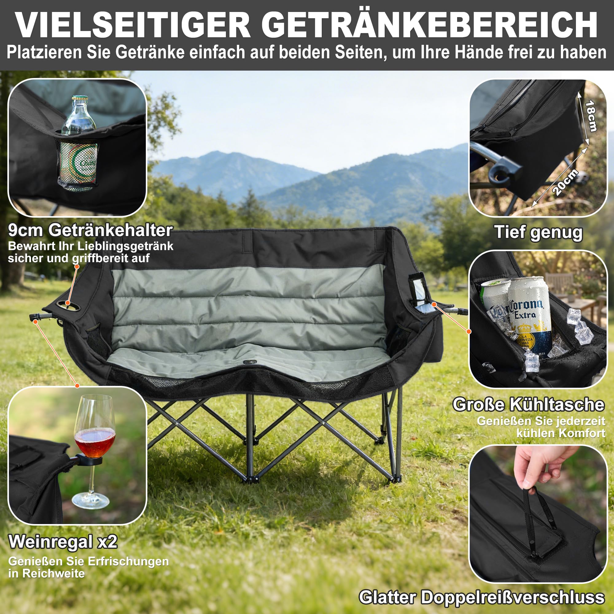 Coolfish Doppel Campingstuhl Faltbar, Klappstuhl Campingsofa für 2 Personen, Bequemes 2 Sitzer Camping Sofa mit Getränkehalter, Stabiler Outdoor Campingcouch Angelstuhl mit Kühltasche, Schwarz