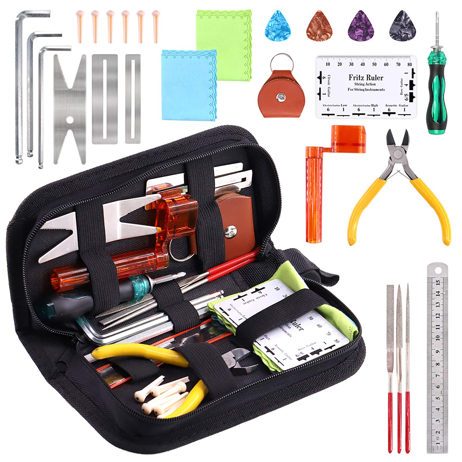 Hilitchi 26 Pcs Complete Guitar Repairing Tool Kit for Guitar Ukulele Bass Mandolin Banjo Cleaning Maintenance Accessories Set including Bonus Cleaning Cloth Convenient Case