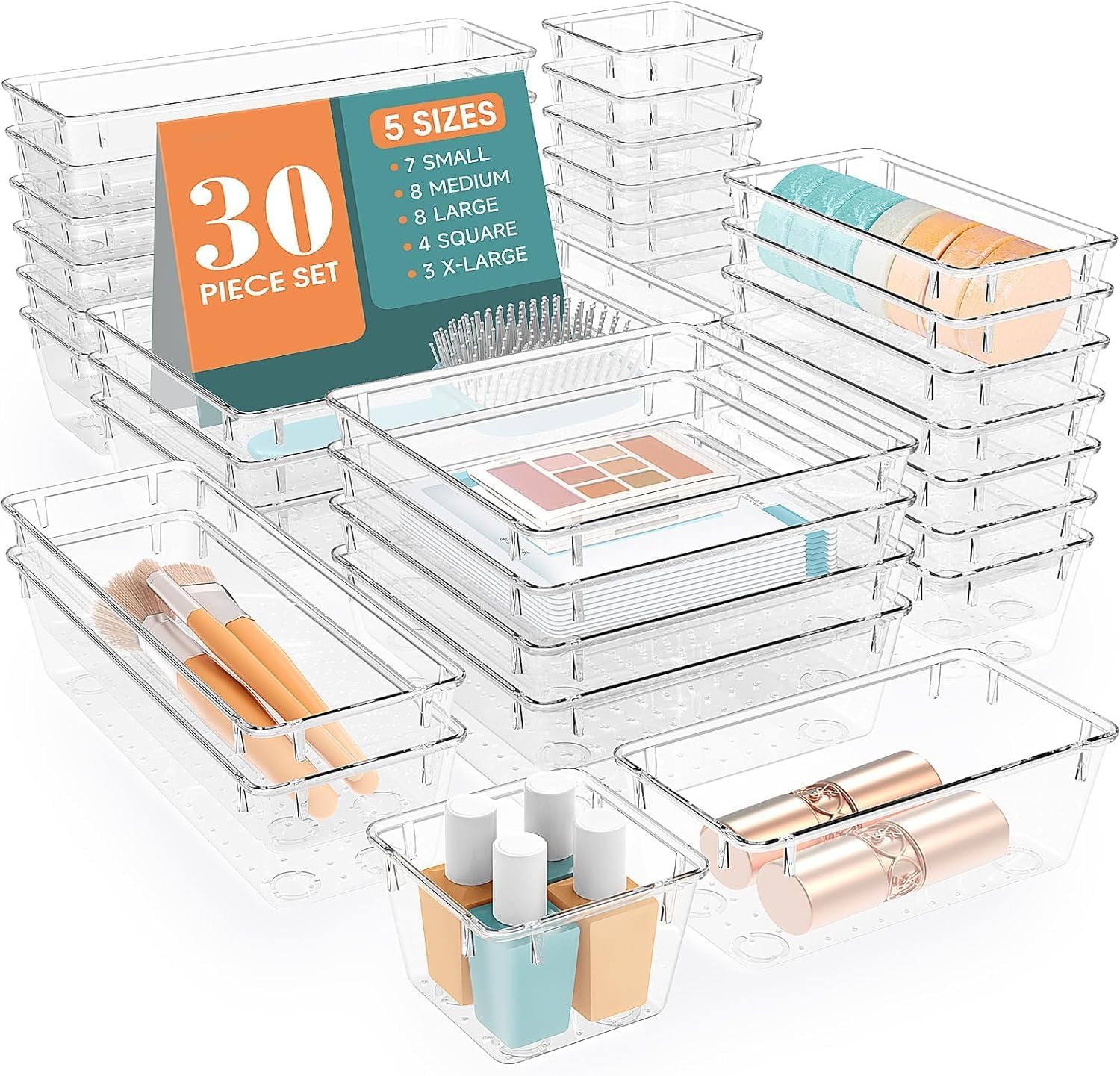 MECHDEL Drawer Organizer Set/Bathroom and Dressing Table Trays/Cosmetic Display/Bathroom Cosmetic Organizers/Unbreakable Organizer/Drawers Divider Tray (Transparent, 30PCS Set)
