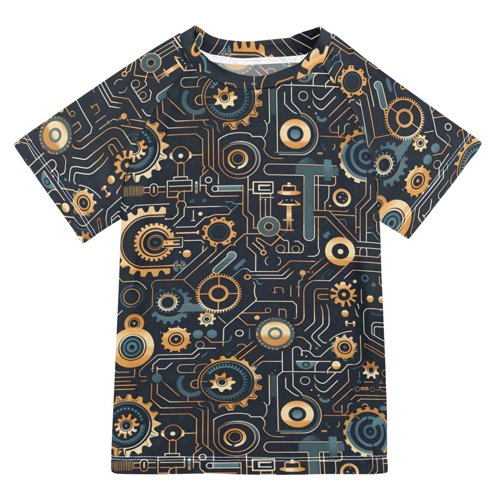 ALAZA Kids Rash Guard Boys Toddler Swim Shirts Short Sleeve Machinery Print UPF 50+ 3T