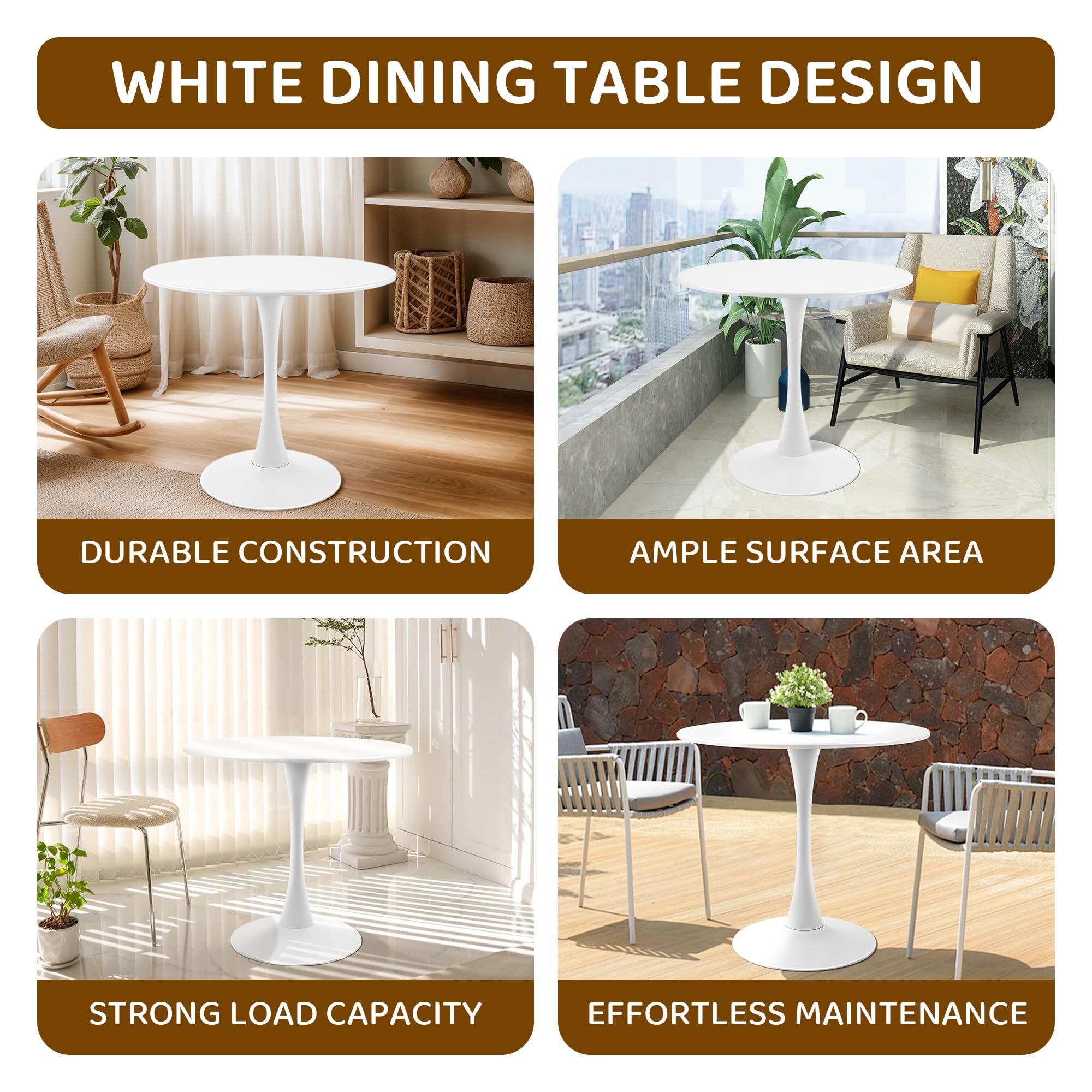 Mesa de comedor redonda blanca moderna con base de pedestal en diseño de tulipán, mesa de ocio de mediados de siglo para 2 a 4 personas 4
