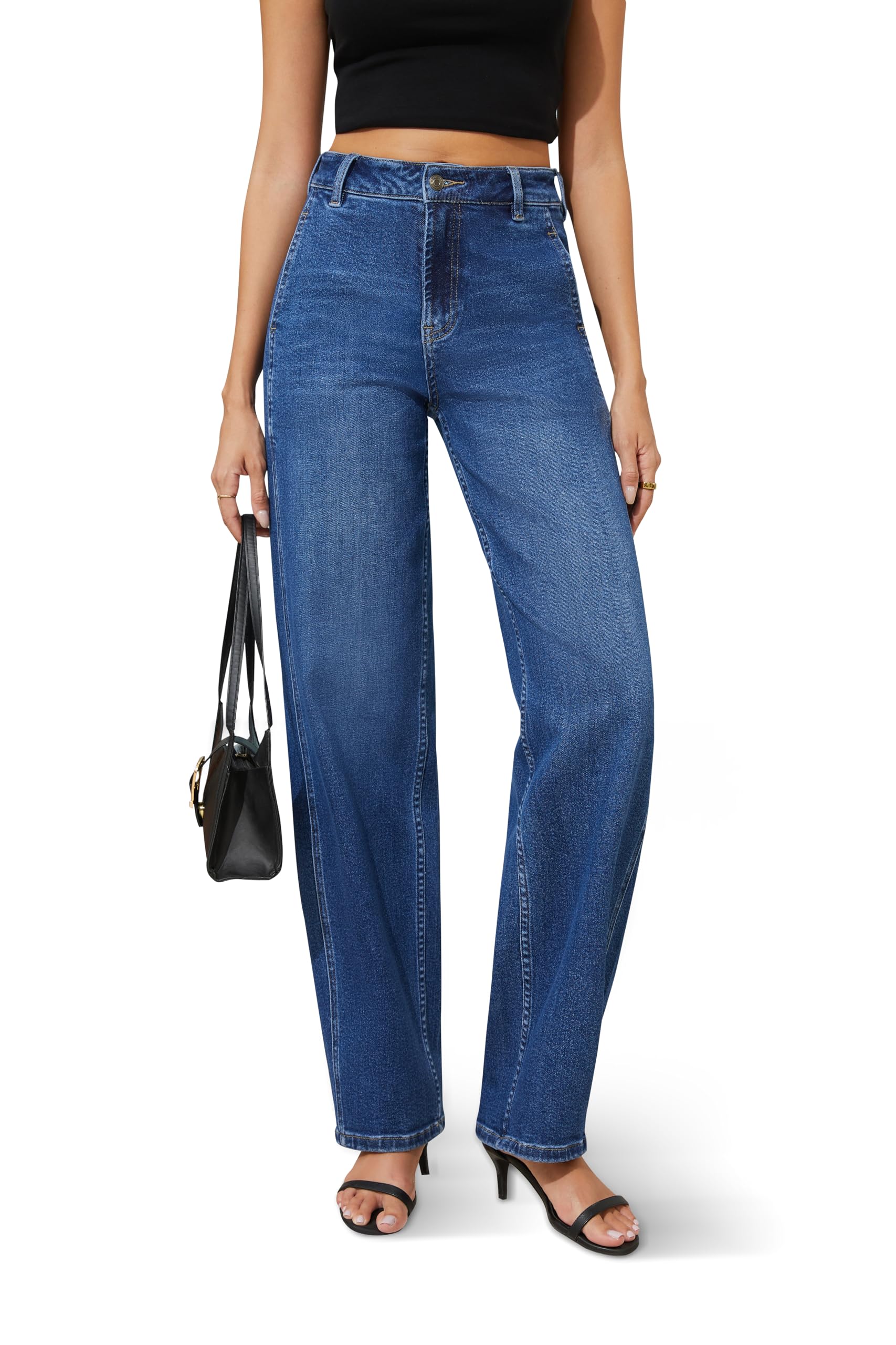 FLYING BANANA Women Trendy High Waisted Wide Leg Baggy Barrel Jeans Relax Fit Stretchy Denim Pants