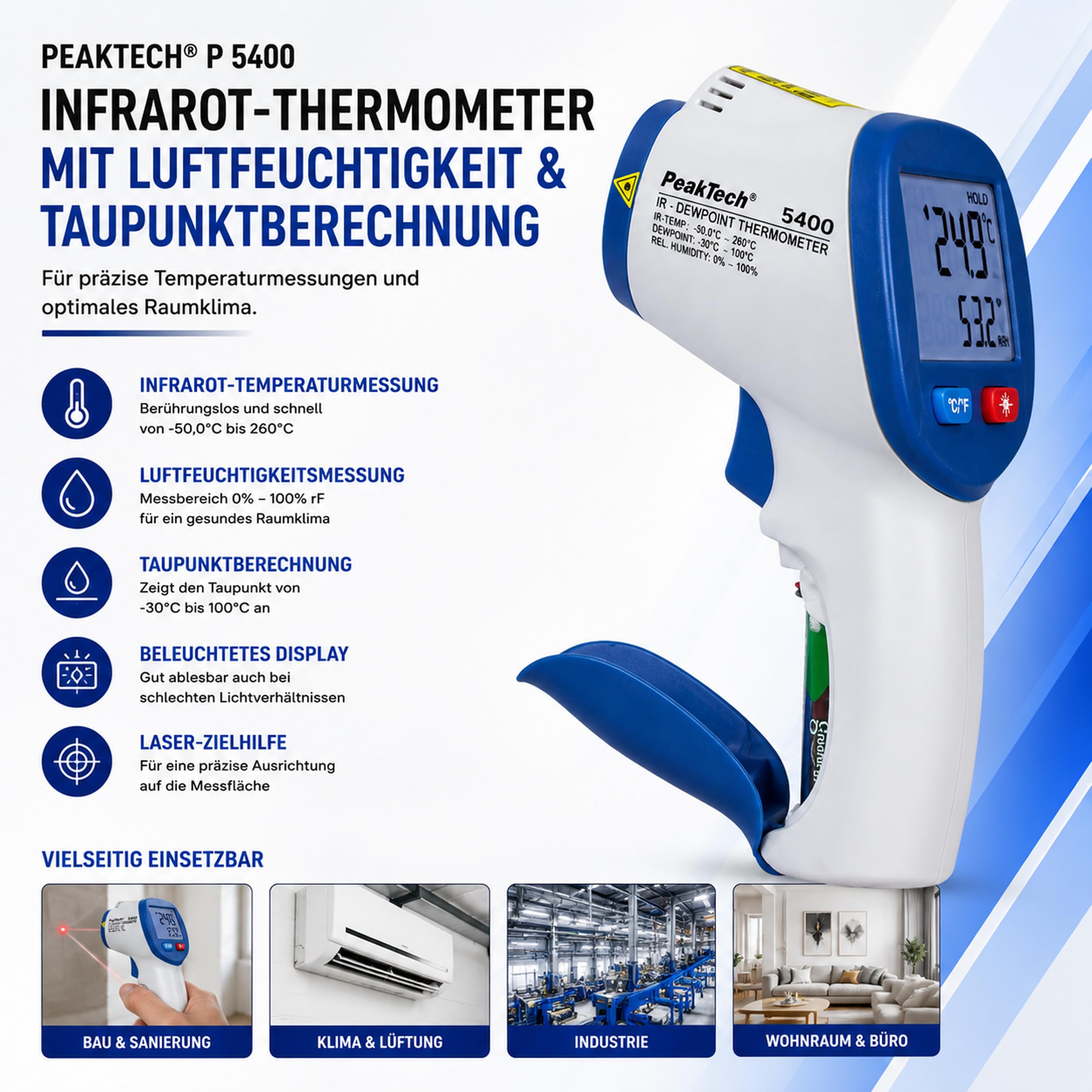 PeakTech P 5400 - IR Messgerät, Infrarotthermometer (-50°/260°), Oberflächen Thermometer, Taupunktscanner (-30°/100°), LED Umweltmessgerät, Thermodetektor Feuchtigkeit (0-100%), Taupunkt Messgerät