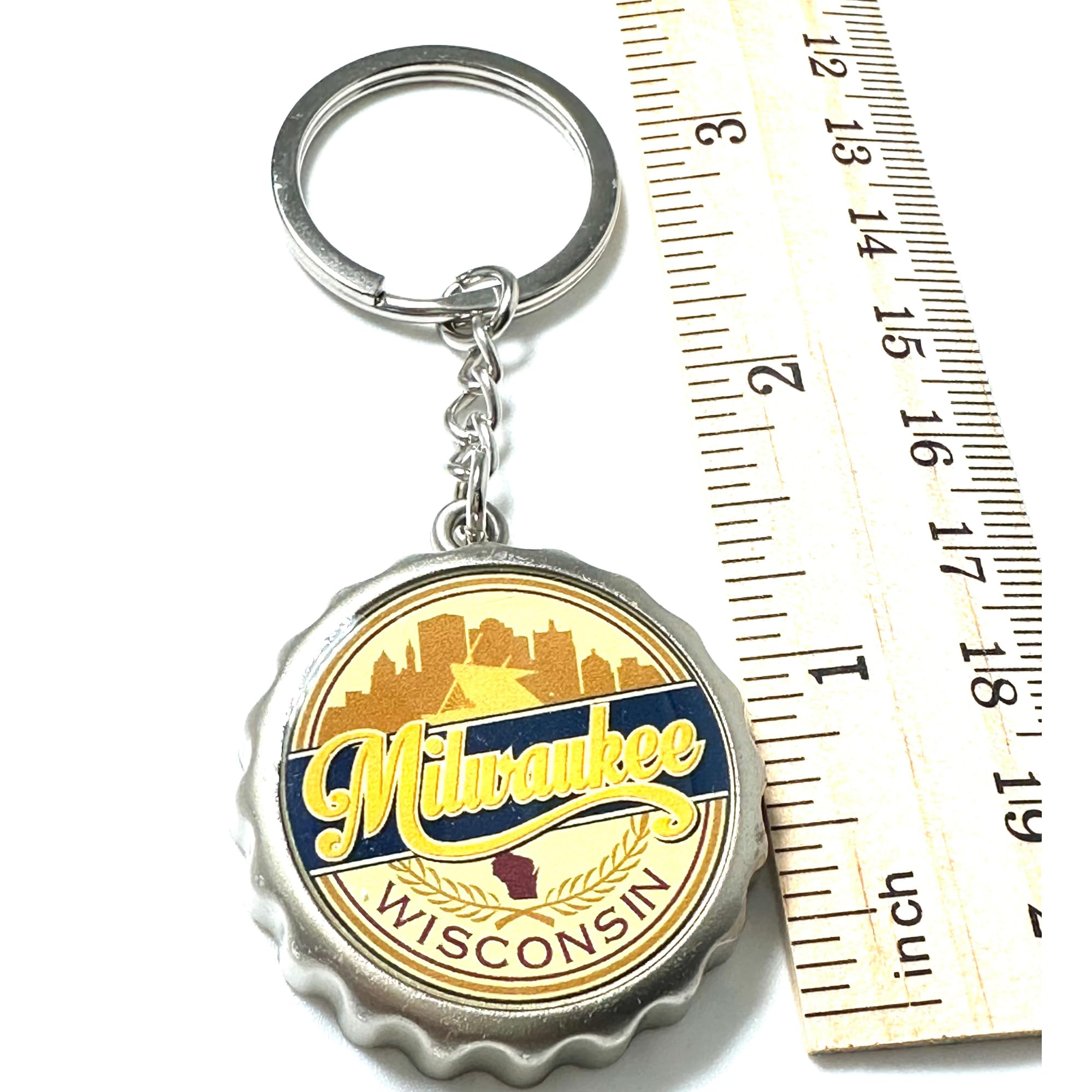 Milwaukee Keychain Metal Opener Wisconsin Vacation Souvenir Key Ring with Bottle Cap Skyline Design