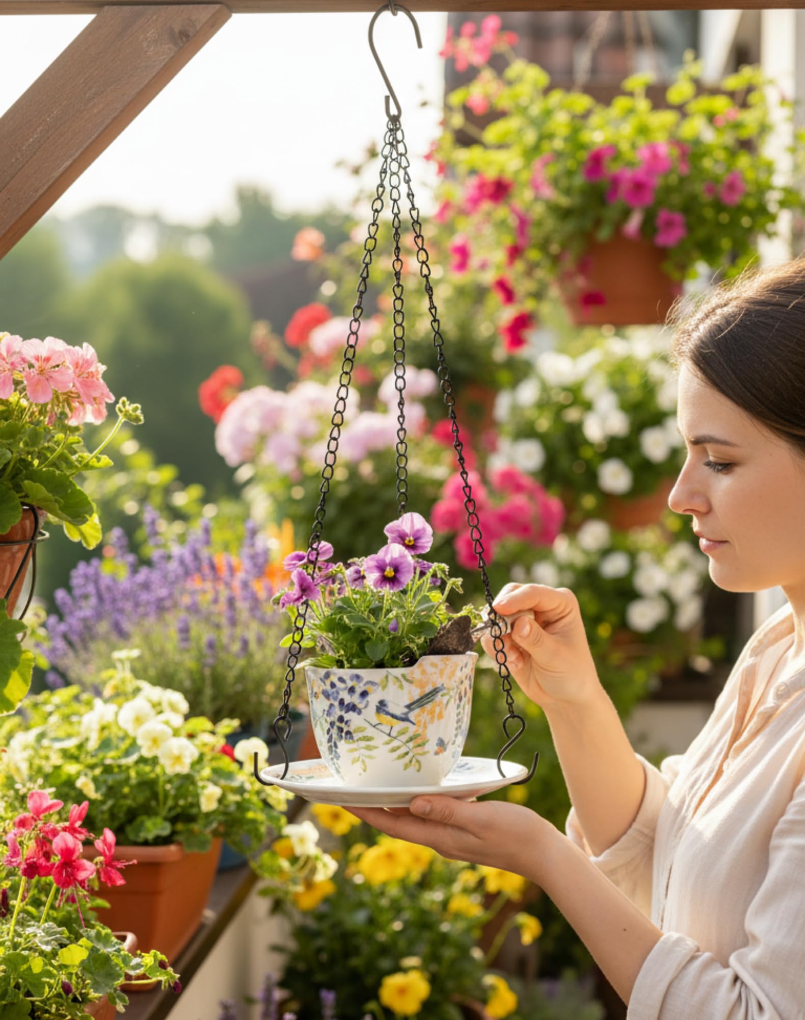 TEATALK Jardinières suspendues pour plantes d'intérieur, pot de fleurs à suspendre avec chaîne, 16 cm, pots de fleurs suspendus pour jardin, maison, pot de fleurs en céramique (fleurs oiseaux)