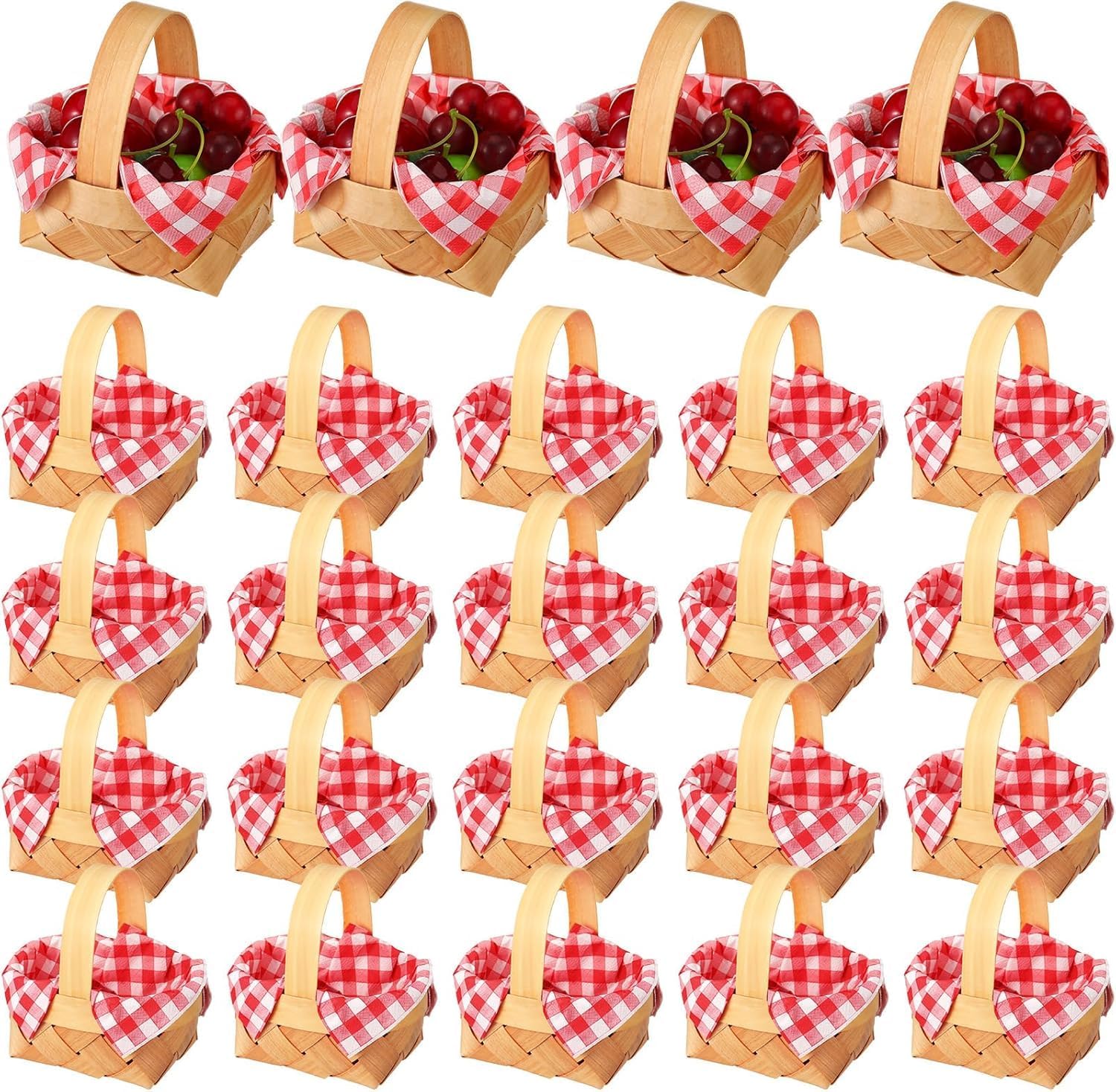 24 Pcs Mini Woven Basket with Handle 20 Sheet Red and White Gingham Paper Napkins Wood Chip Mini Flower Fruit Picnic Basket Chip for Easter Spring Wedding Party Gift Decoration