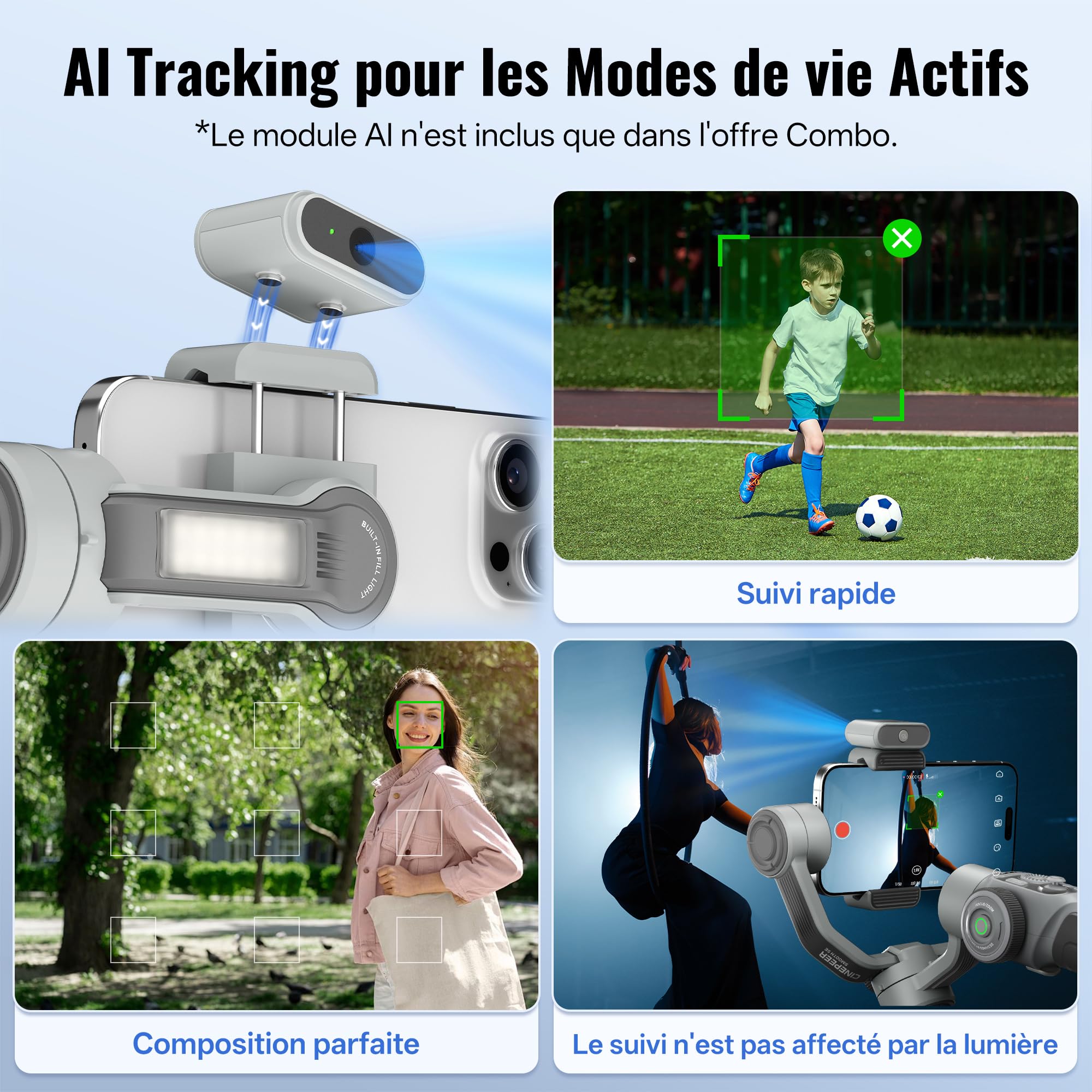 ZHIYUN CINEPEER Smooth 5E Combo Stabilisateur Smartphone, Suivi Intelligent par AI, Lumière de Remplissage Magnétique & Intégré, Édition Intelligente, Télécommande Apple Watch